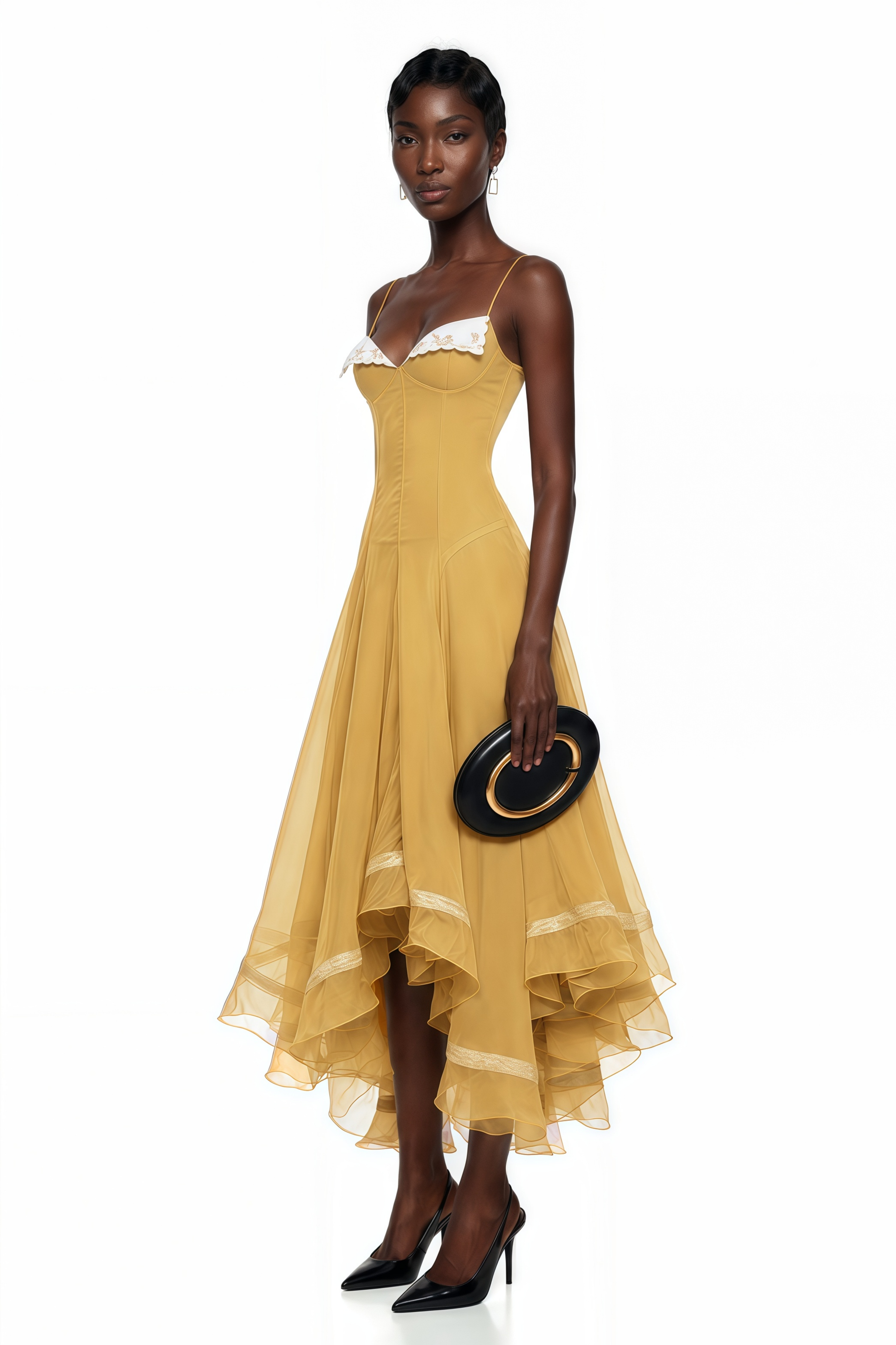 Mustard yellow midi dress with a white sweetheart neckline