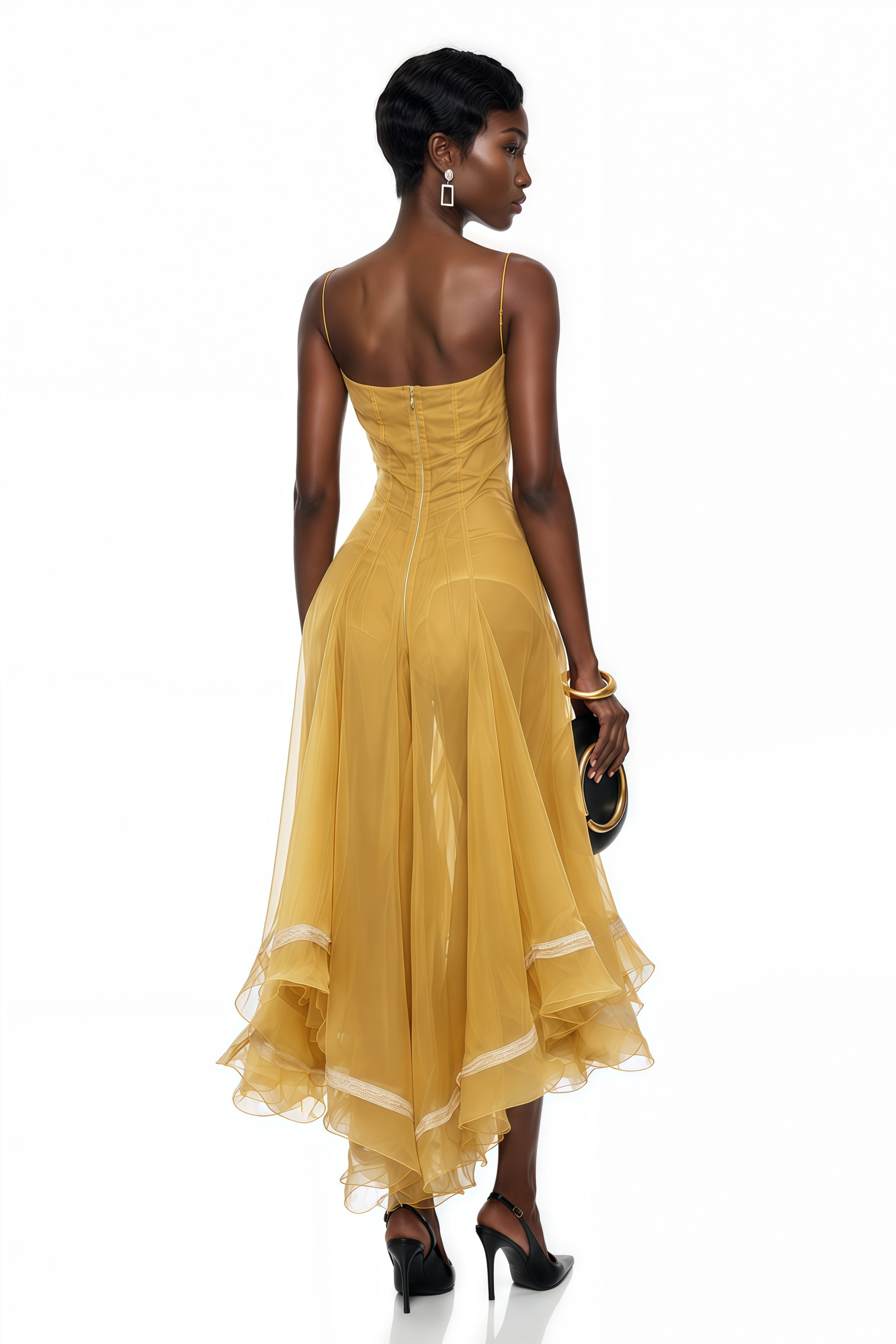 Mustard yellow midi dress with a white sweetheart neckline