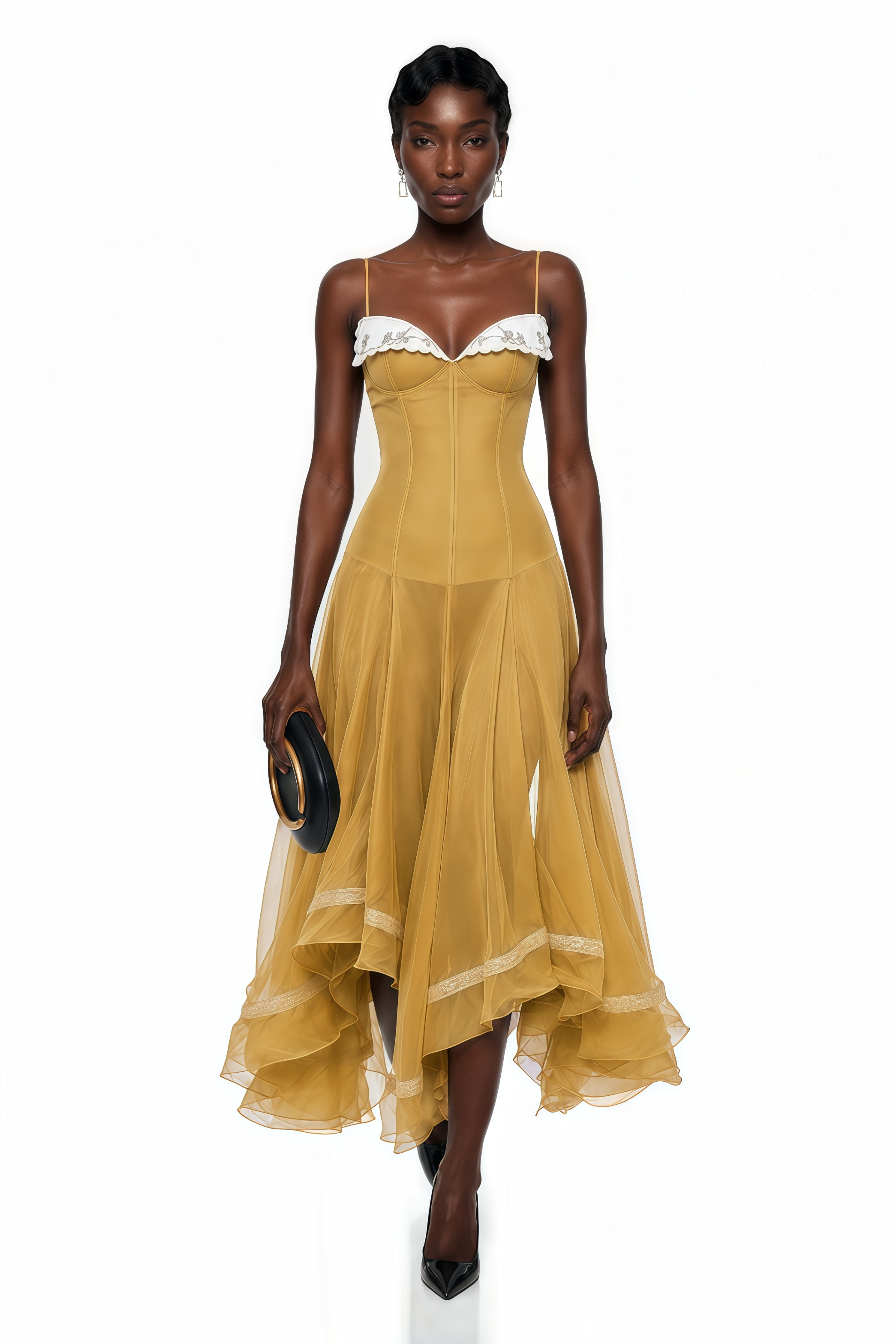 Mustard yellow midi dress with a white sweetheart neckline