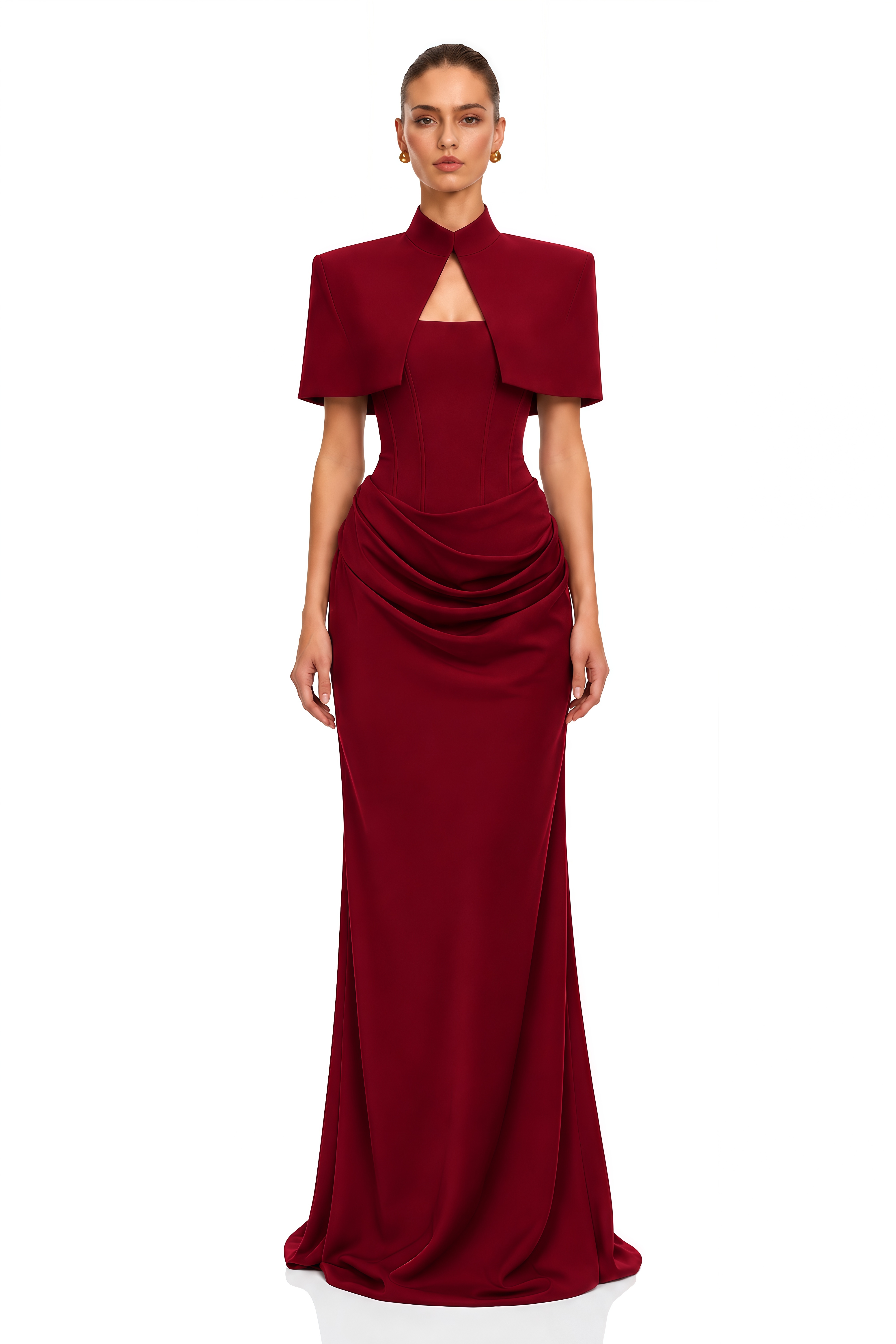 Nyla Red Corset Draped Maxi Dress with Cape 