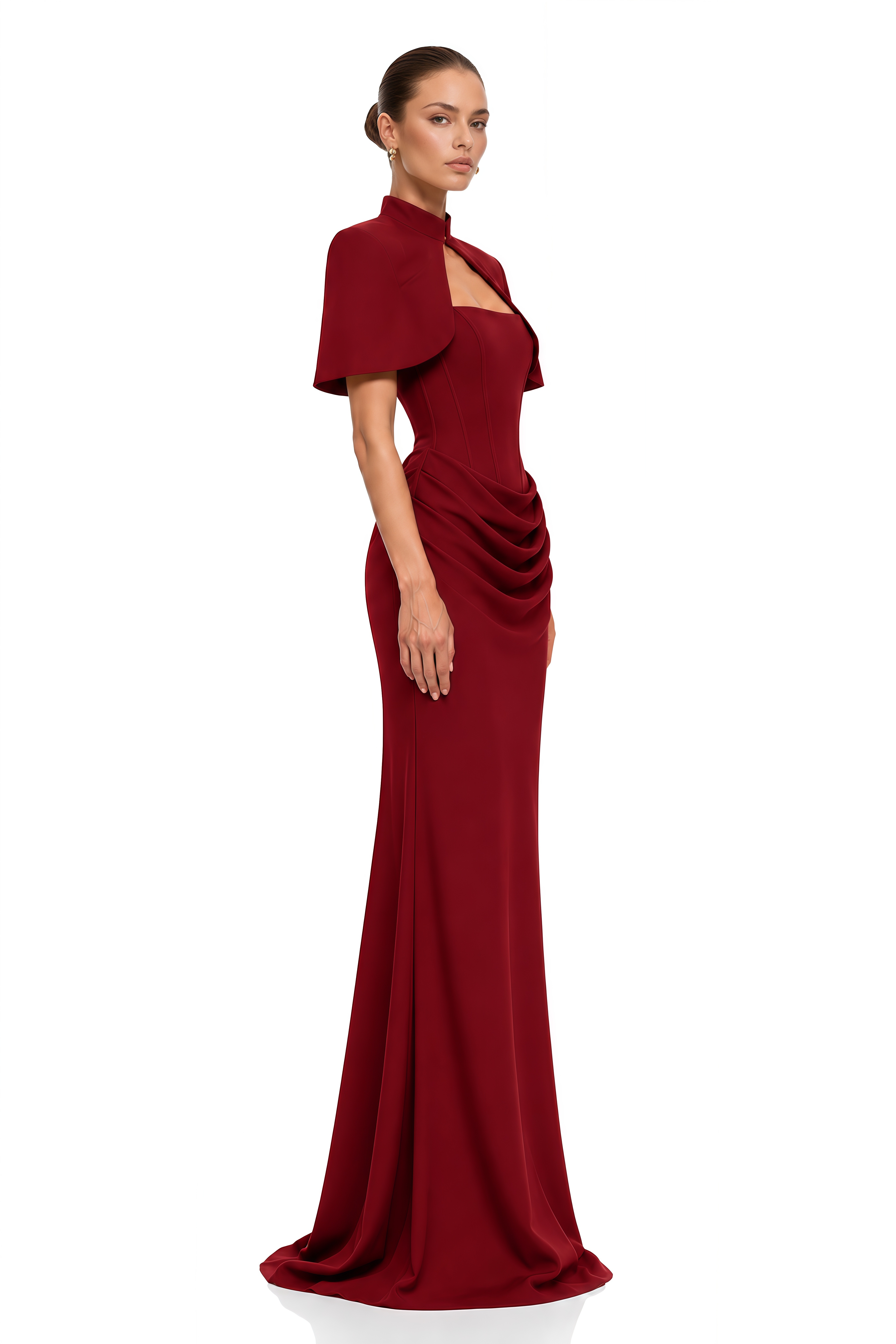 Nyla Red Corset Draped Maxi Dress with Cape 