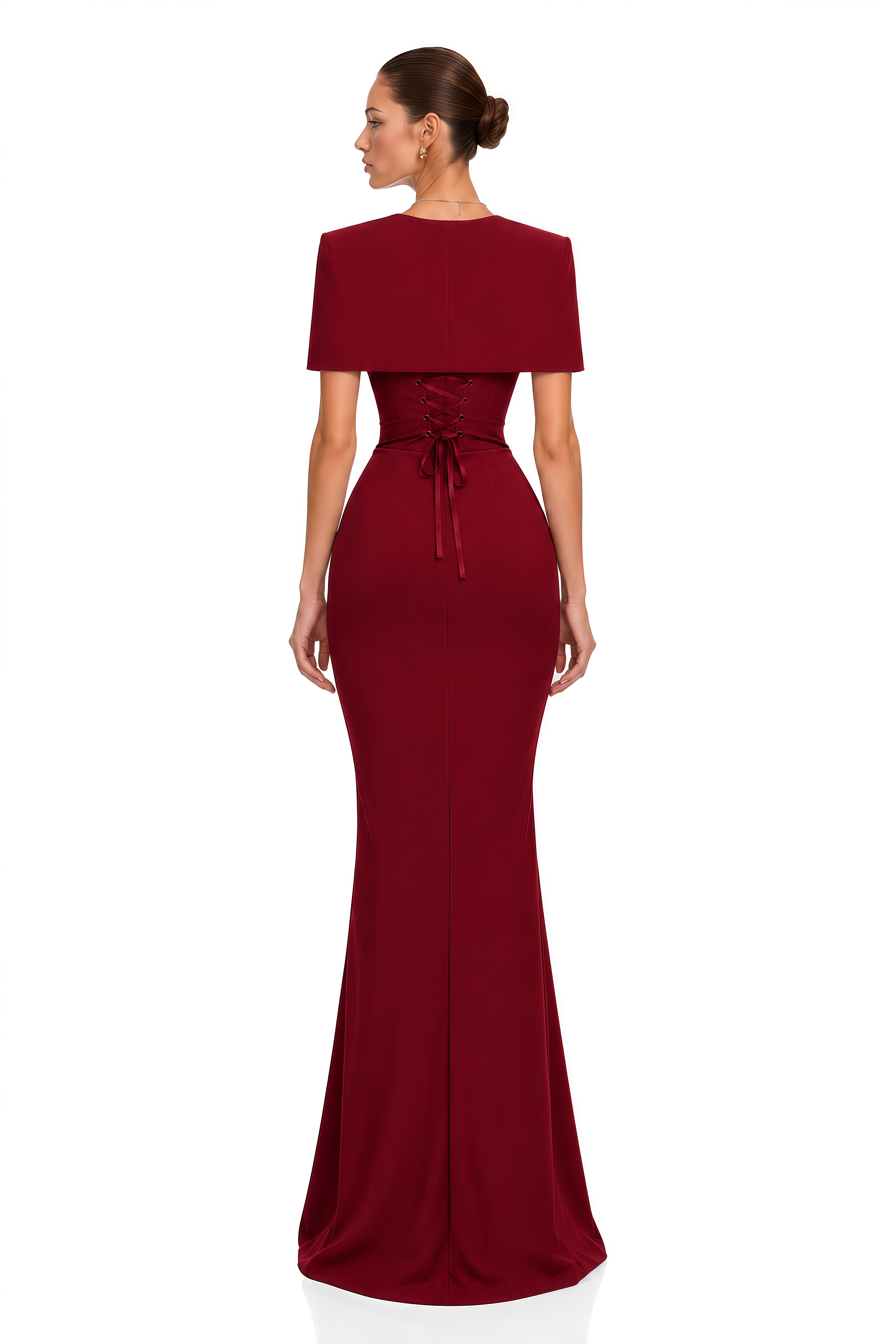 Nyla Red Corset Draped Maxi Dress with Cape 