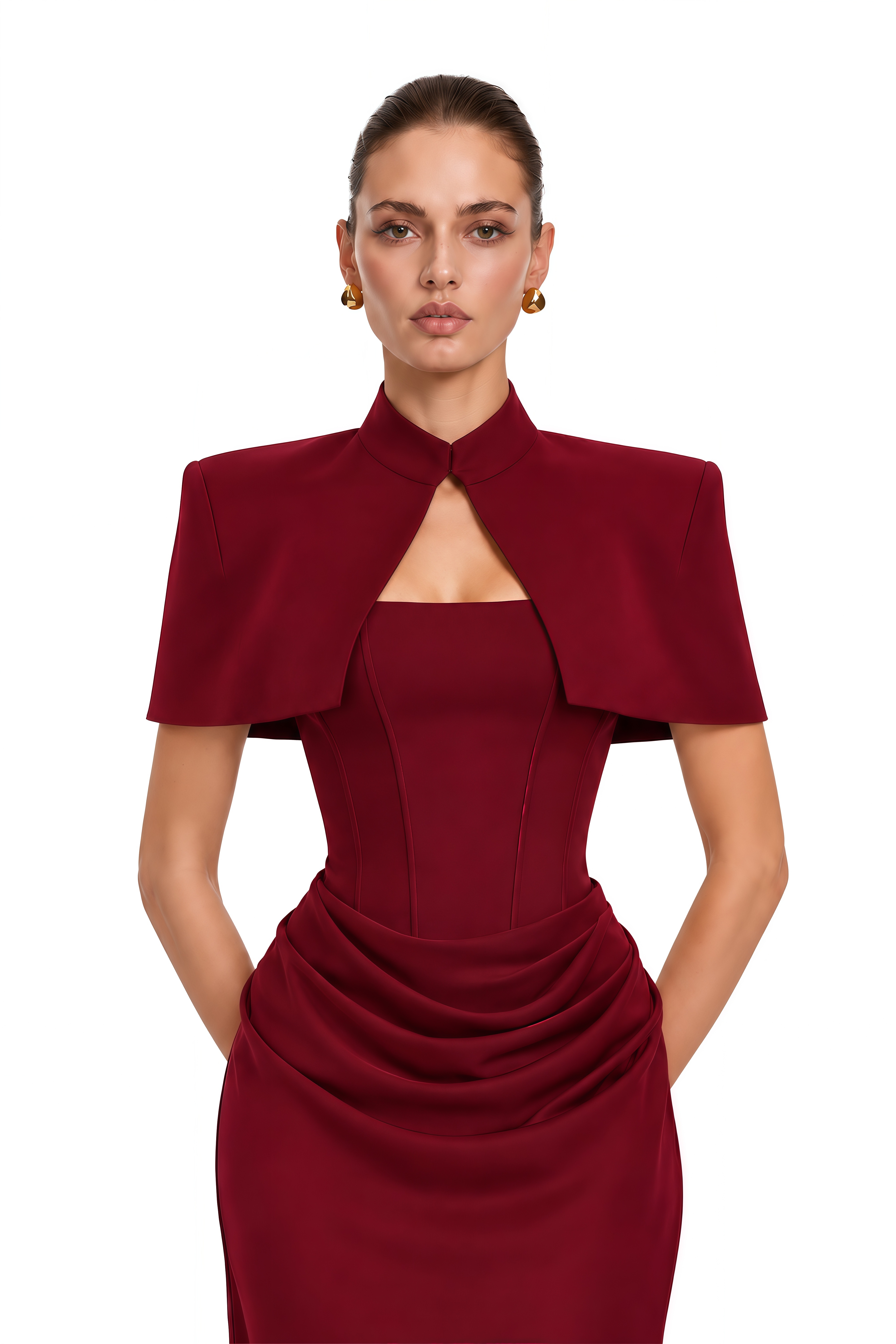 Nyla Red Corset Draped Maxi Dress with Cape 