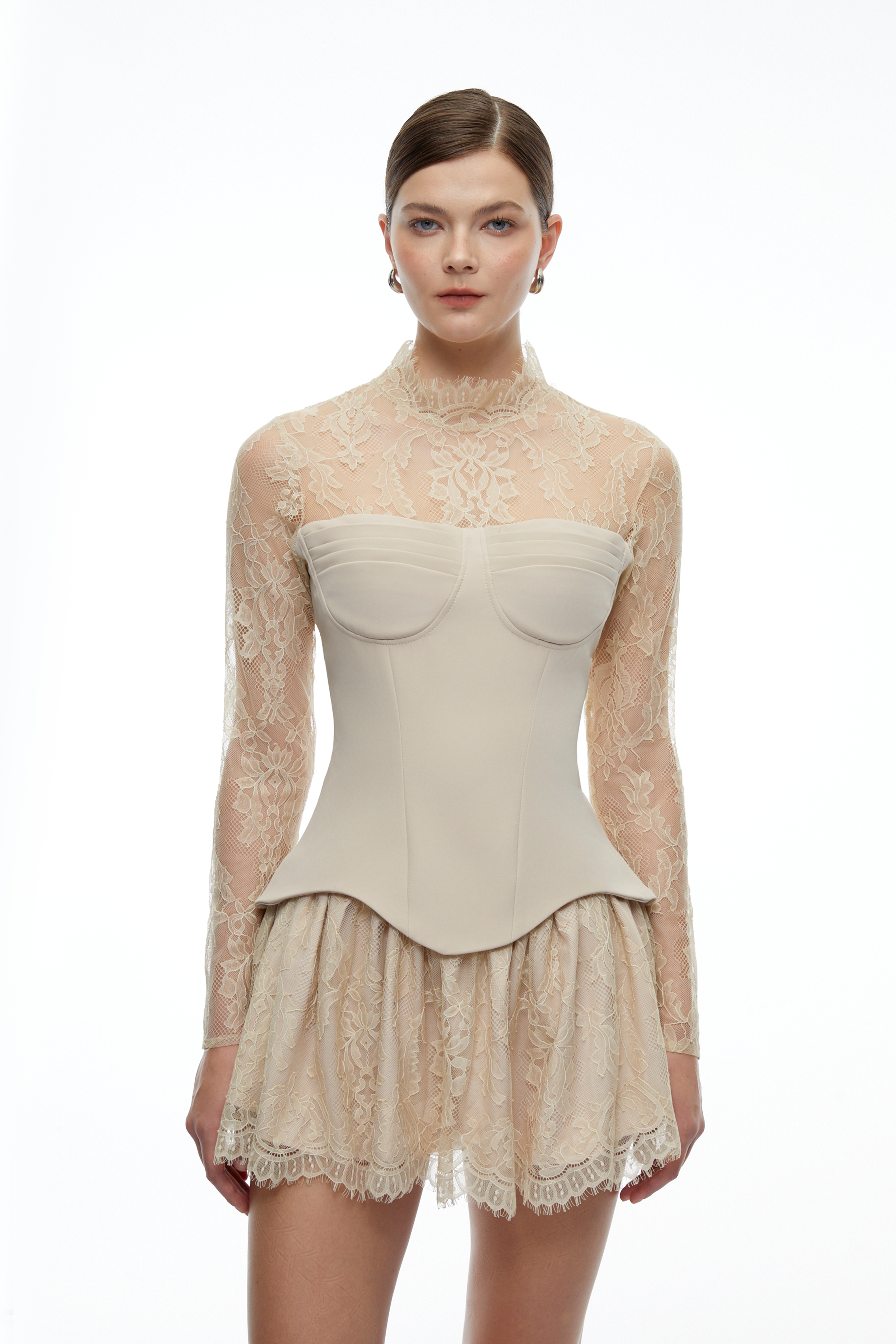 Nyzelle Neutral Lace Corset Mini Dress