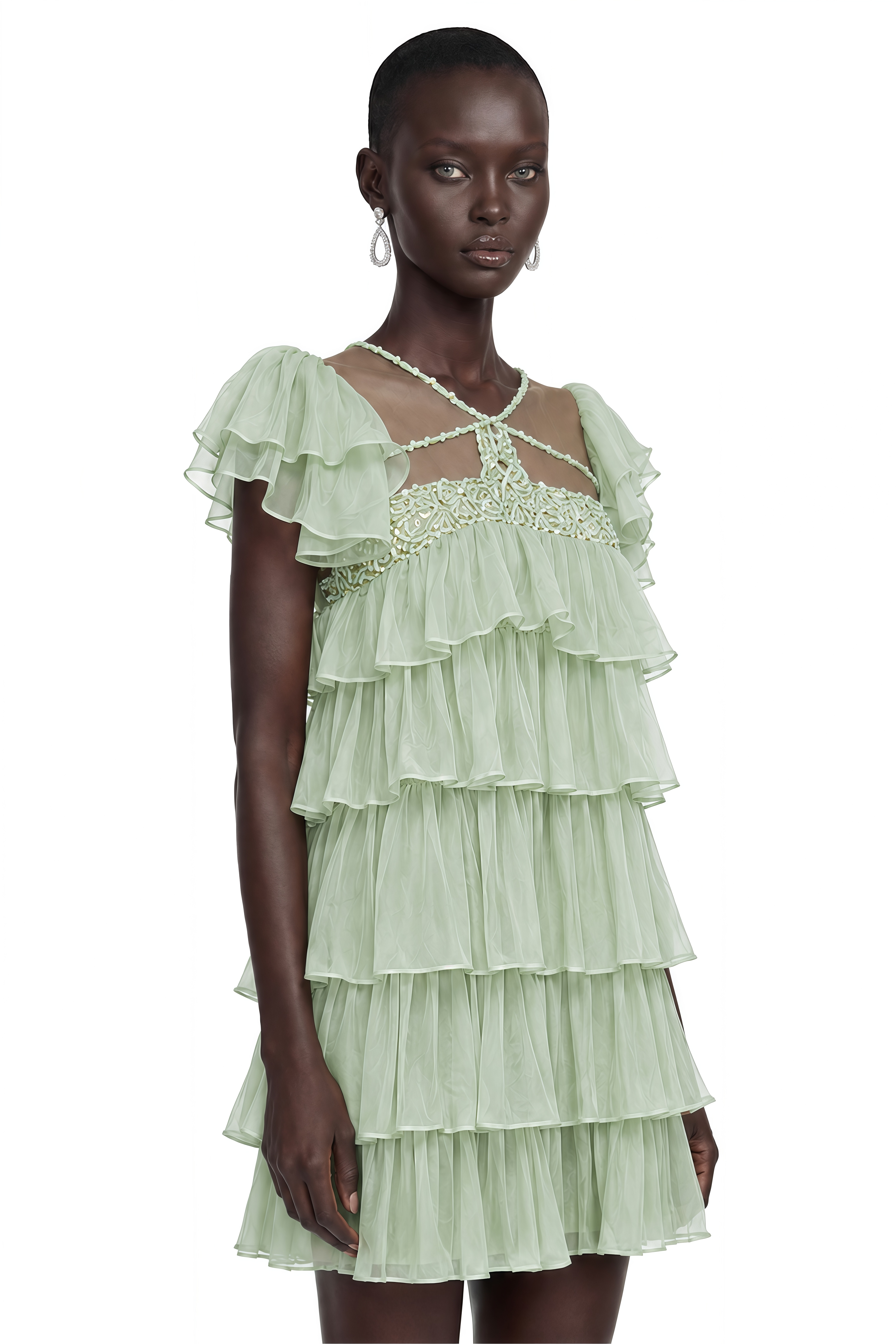 Oaklyn Green Tiered Ruffle Mini Dress
