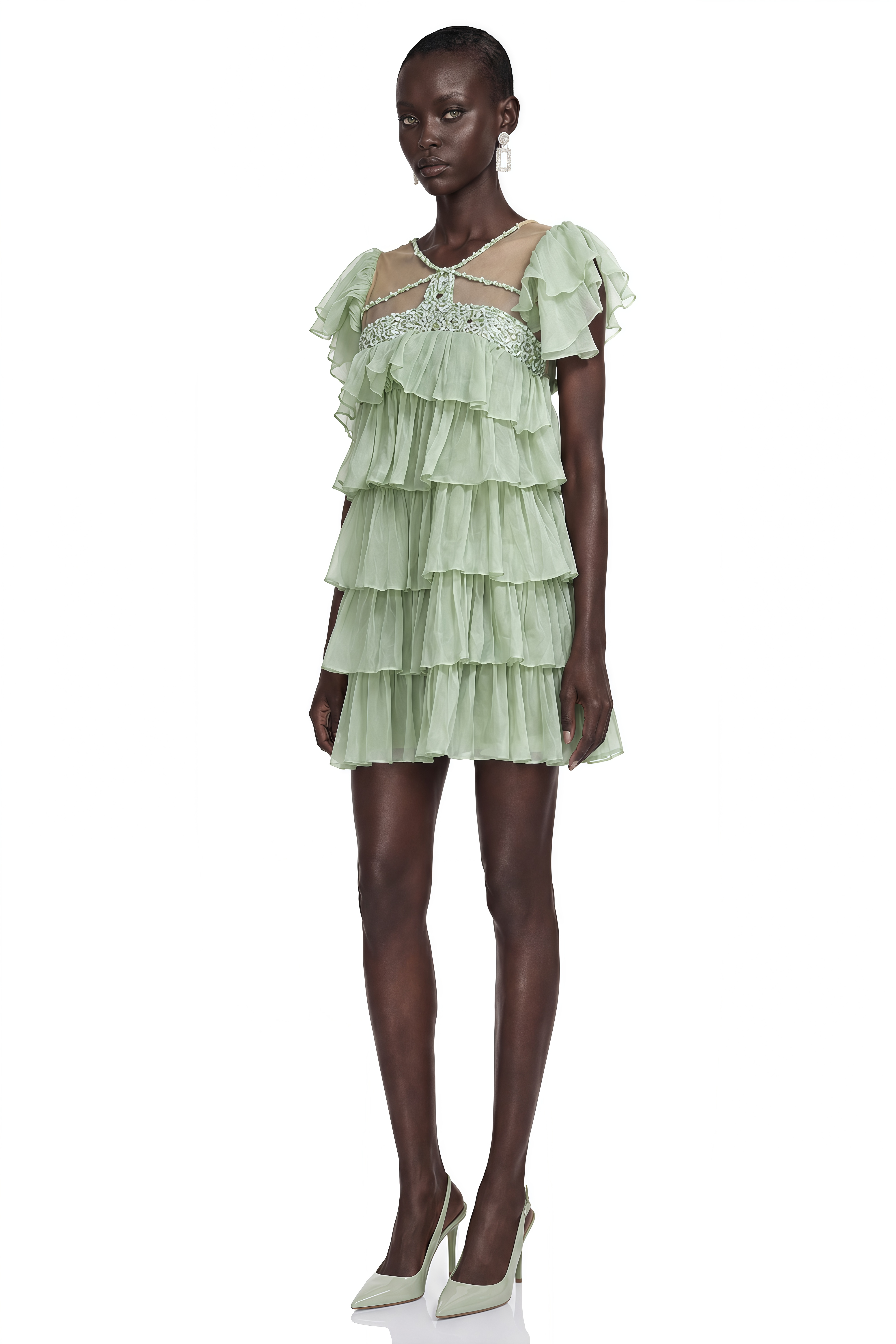 Oaklyn Green Tiered Ruffle Mini Dress