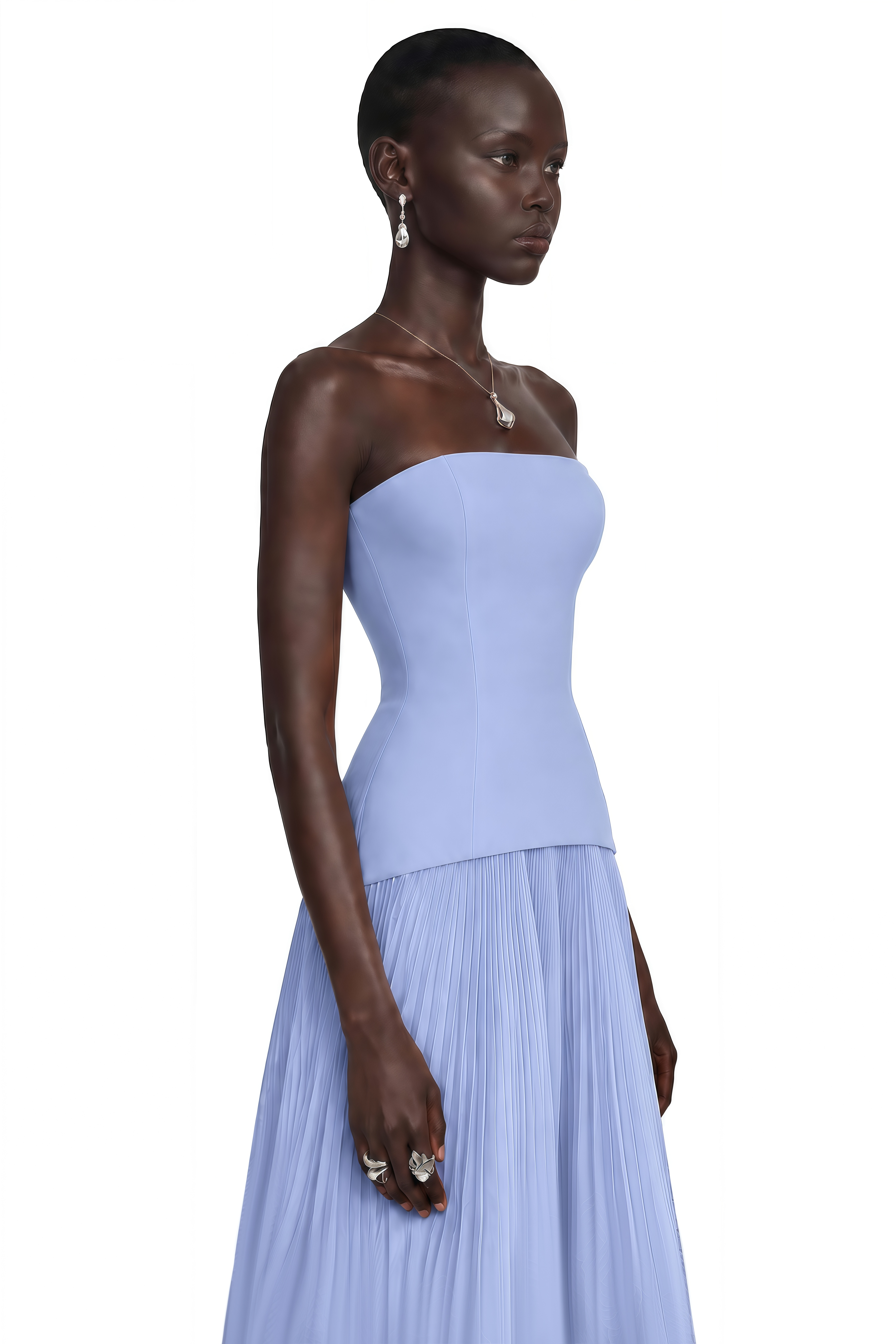 Océane Blue Off Shoulder Pleated Maxi Dress with 3D Florals
