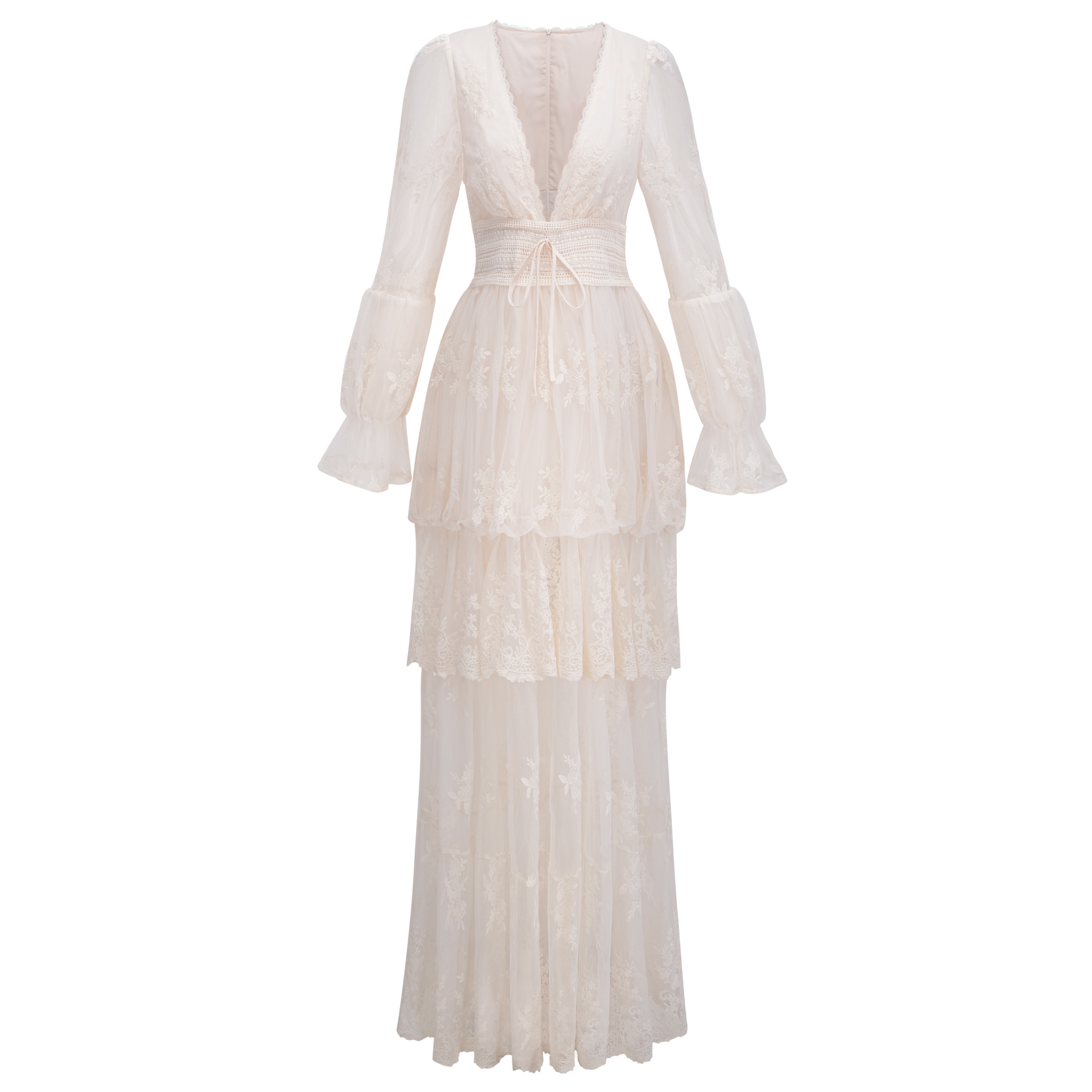 Ocean Cream Lace Ruffled Maxi Dress