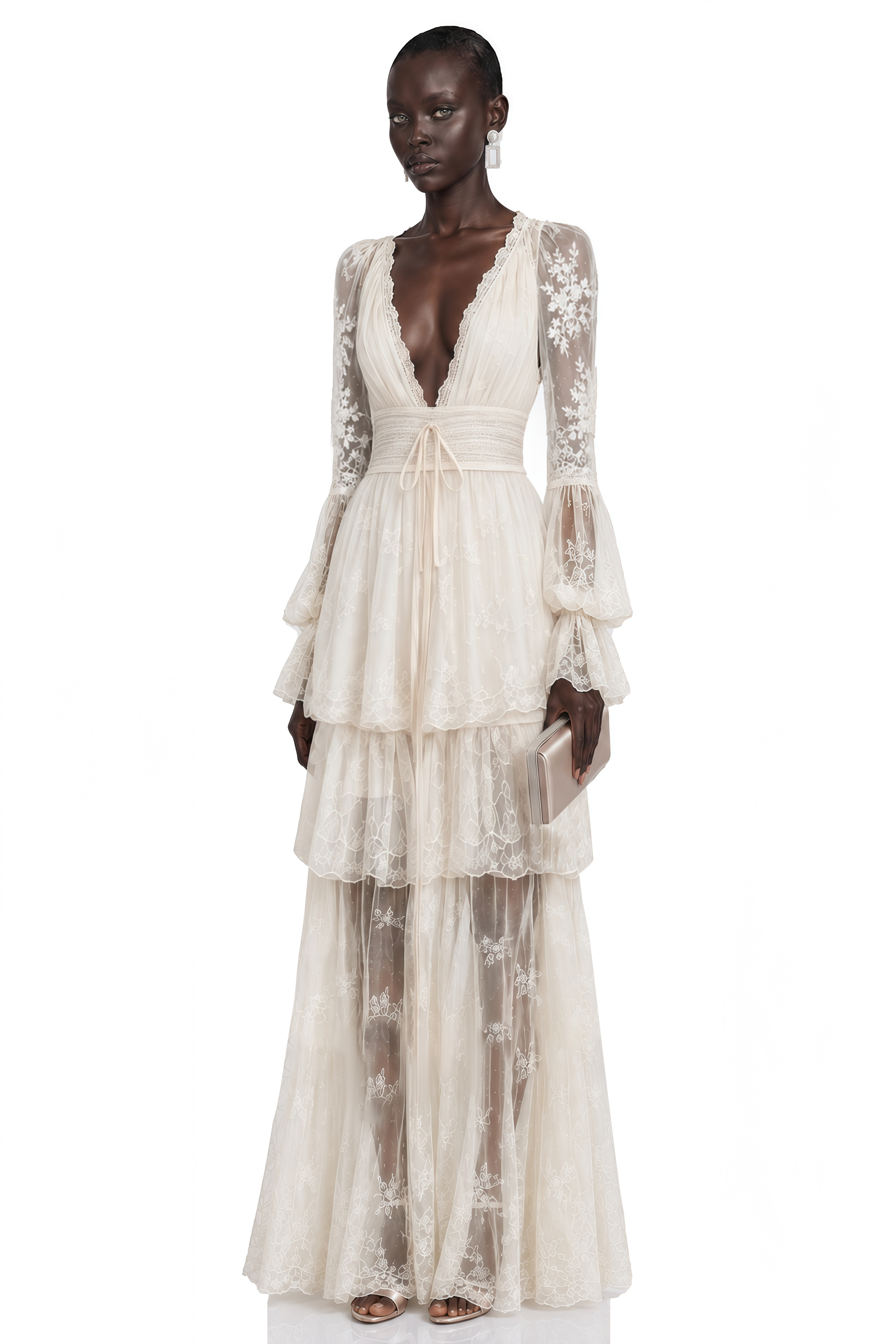 Ocean Cream Lace Ruffled Maxi Dress
