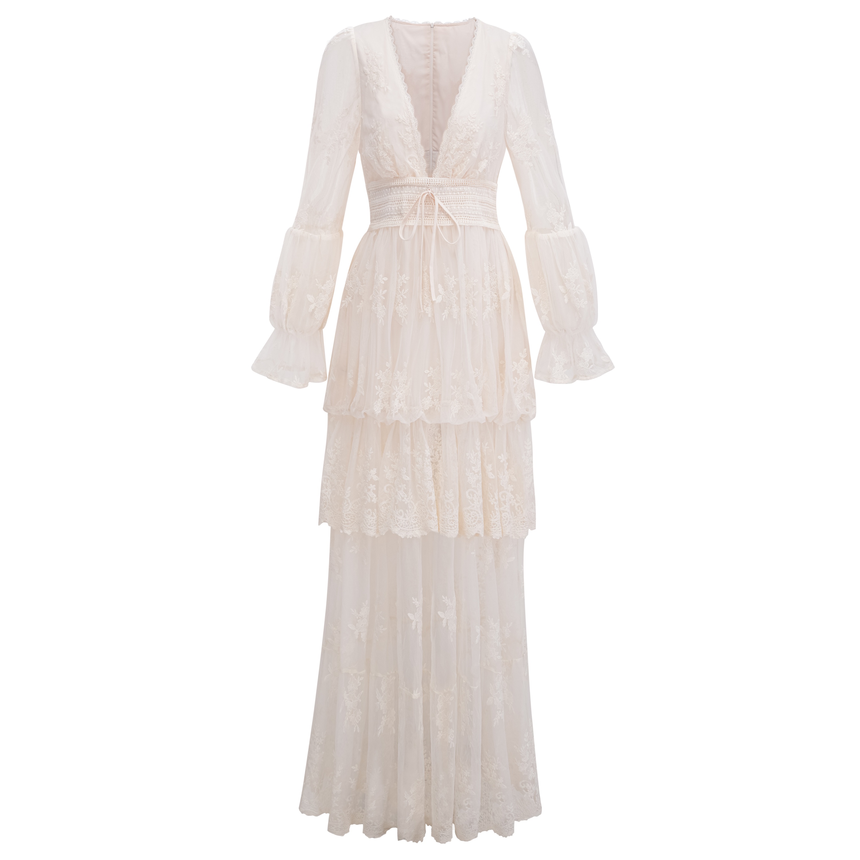 Ocean Cream Lace Ruffled Maxi Dress