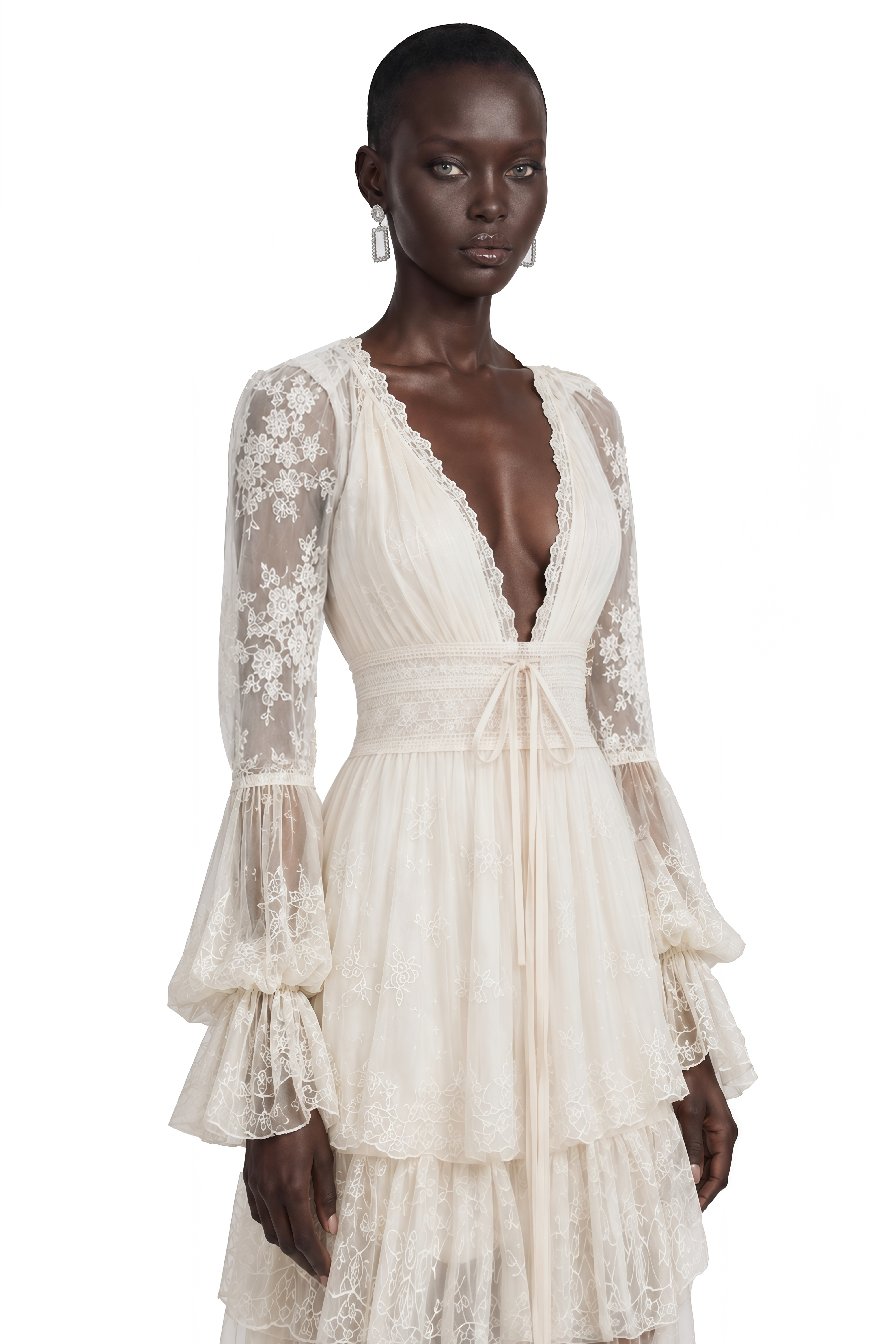 Ocean Cream Lace Ruffled Maxi Dress