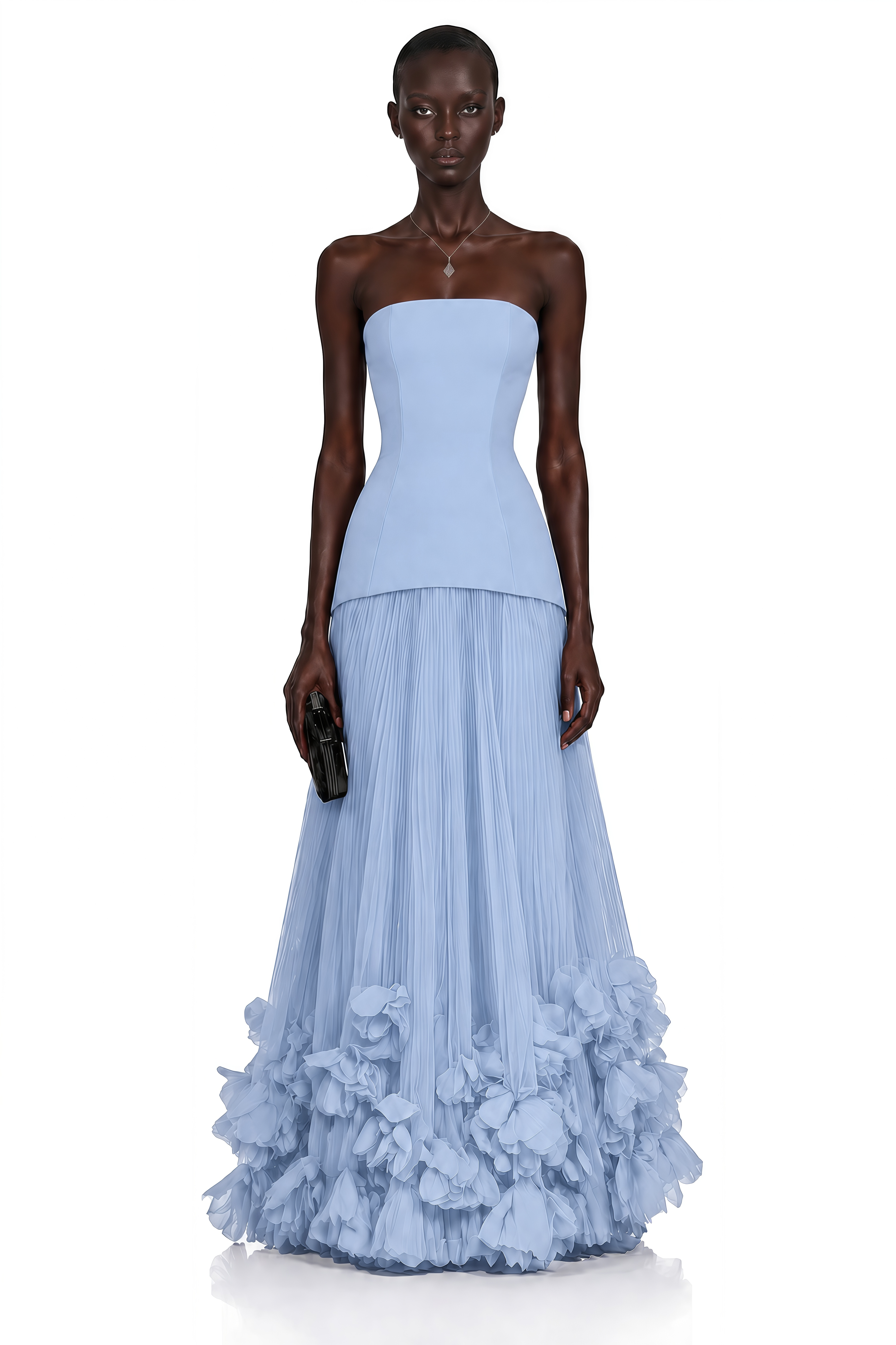 Océane Blue Off Shoulder Pleated Maxi Dress with 3D Florals