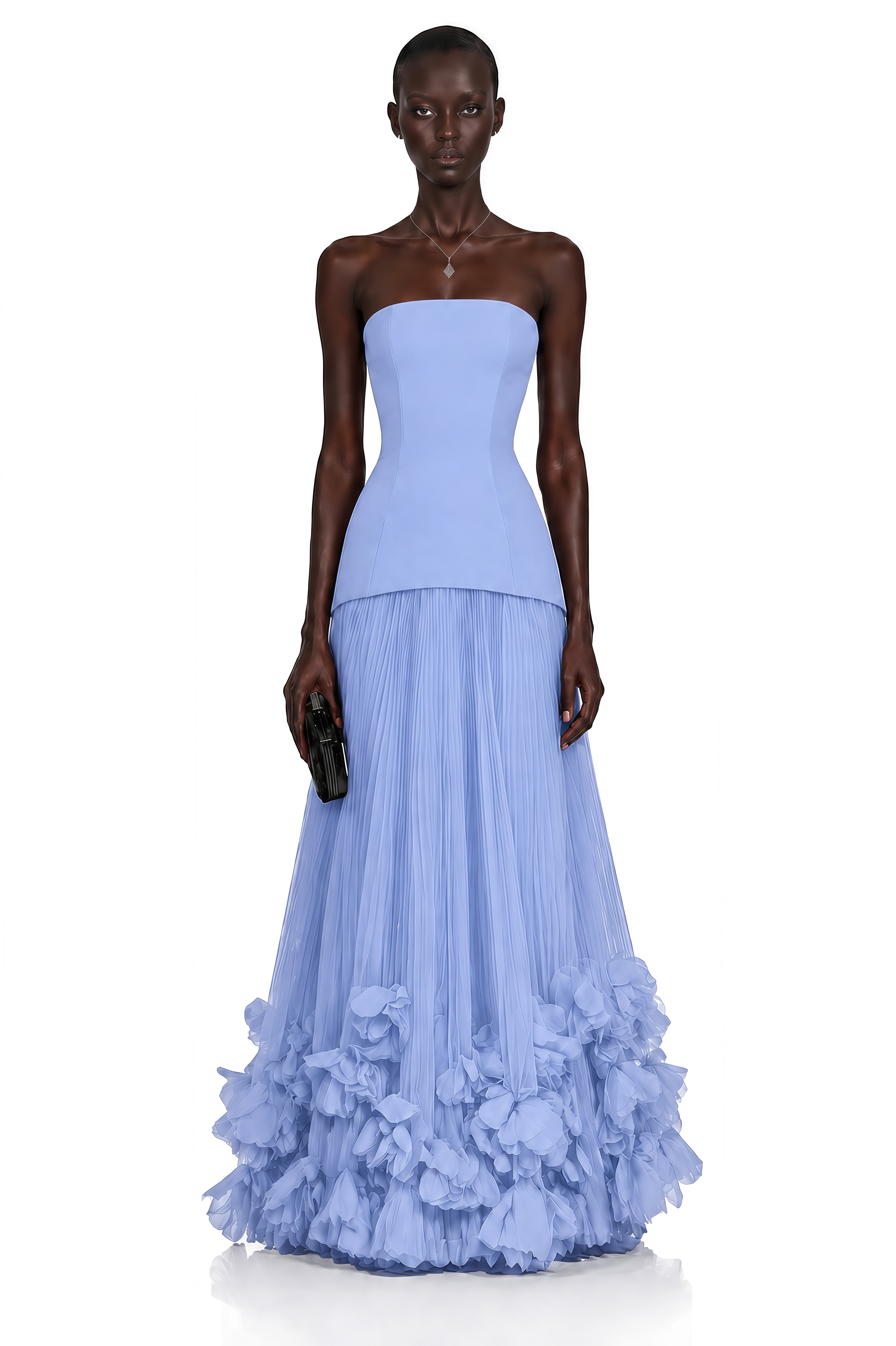 Periwinkle blue strapless gown with a pleated tulle skirt