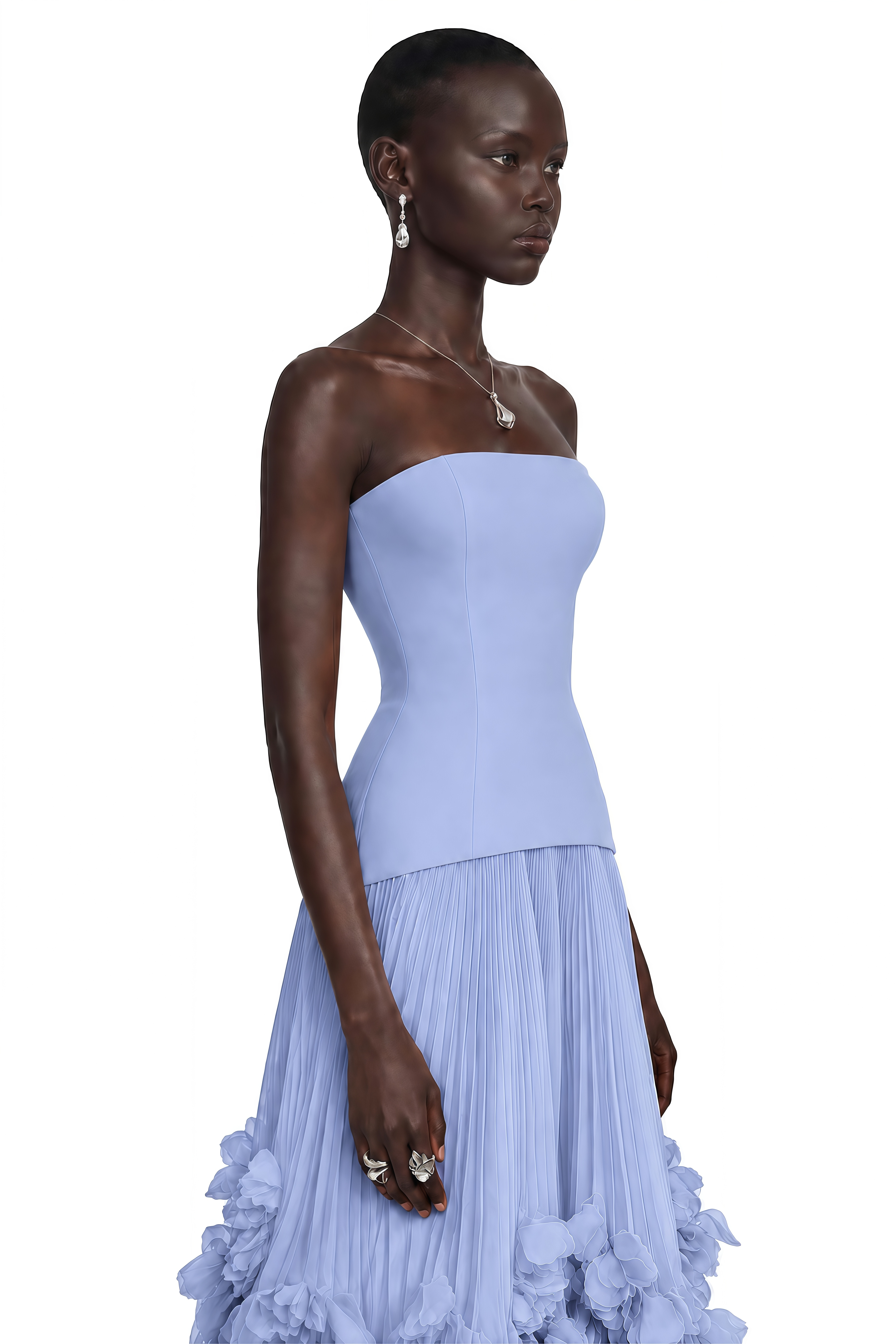 Periwinkle blue strapless gown with a pleated tulle skirt
