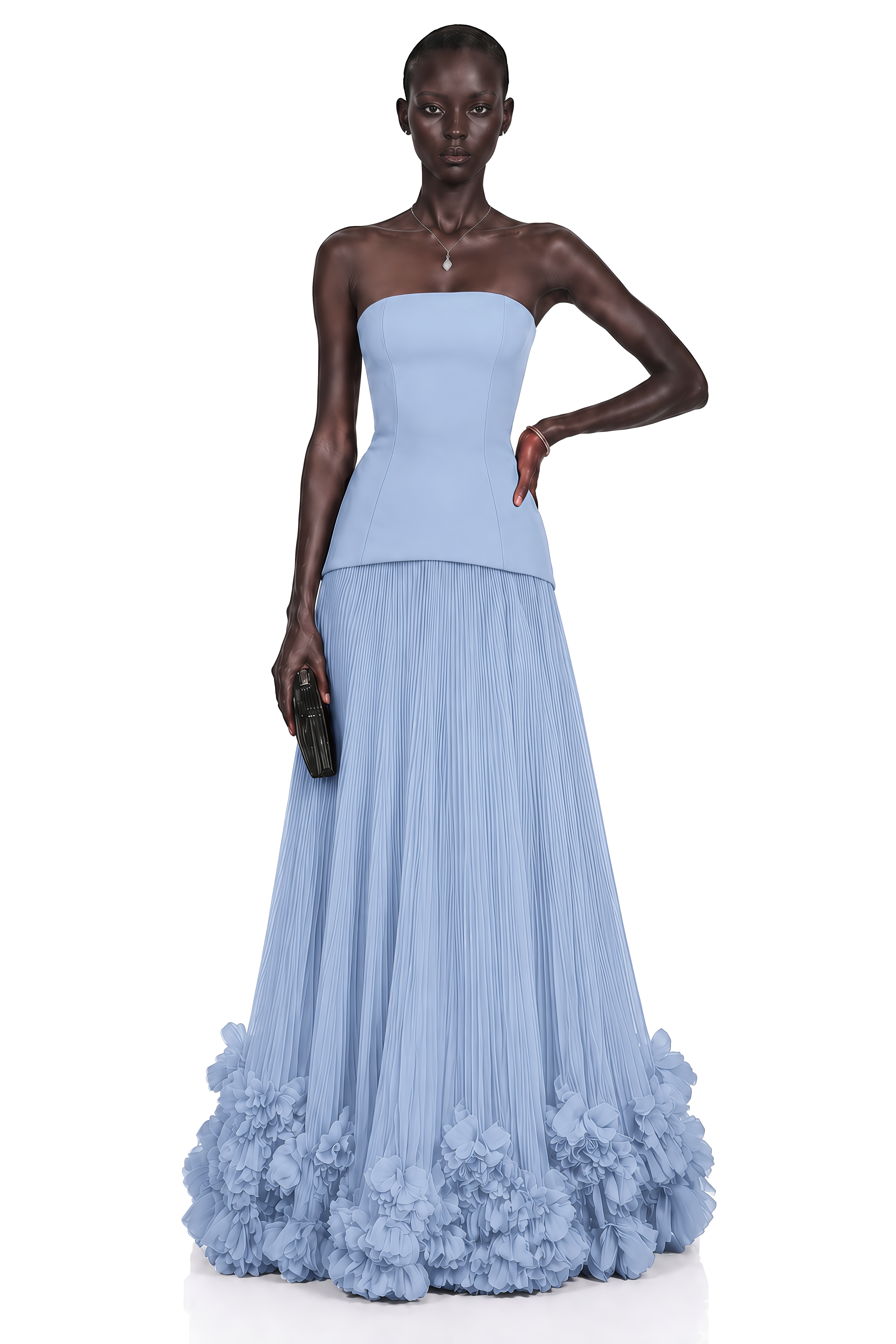 Océane Blue Off Shoulder Pleated Maxi Dress with 3D Florals