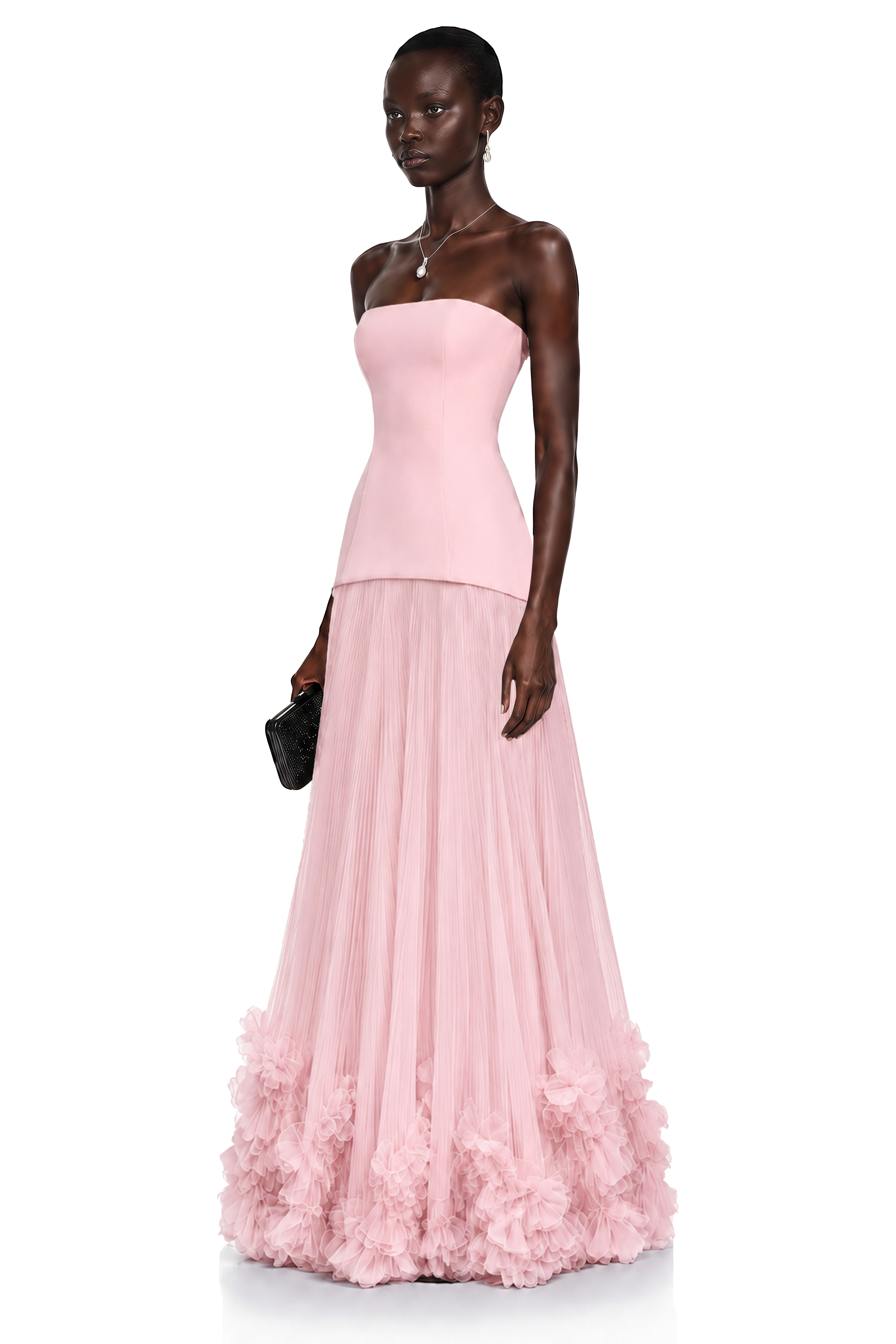 Pink strapless gown with fitted bodice and ruffled tulle skirt