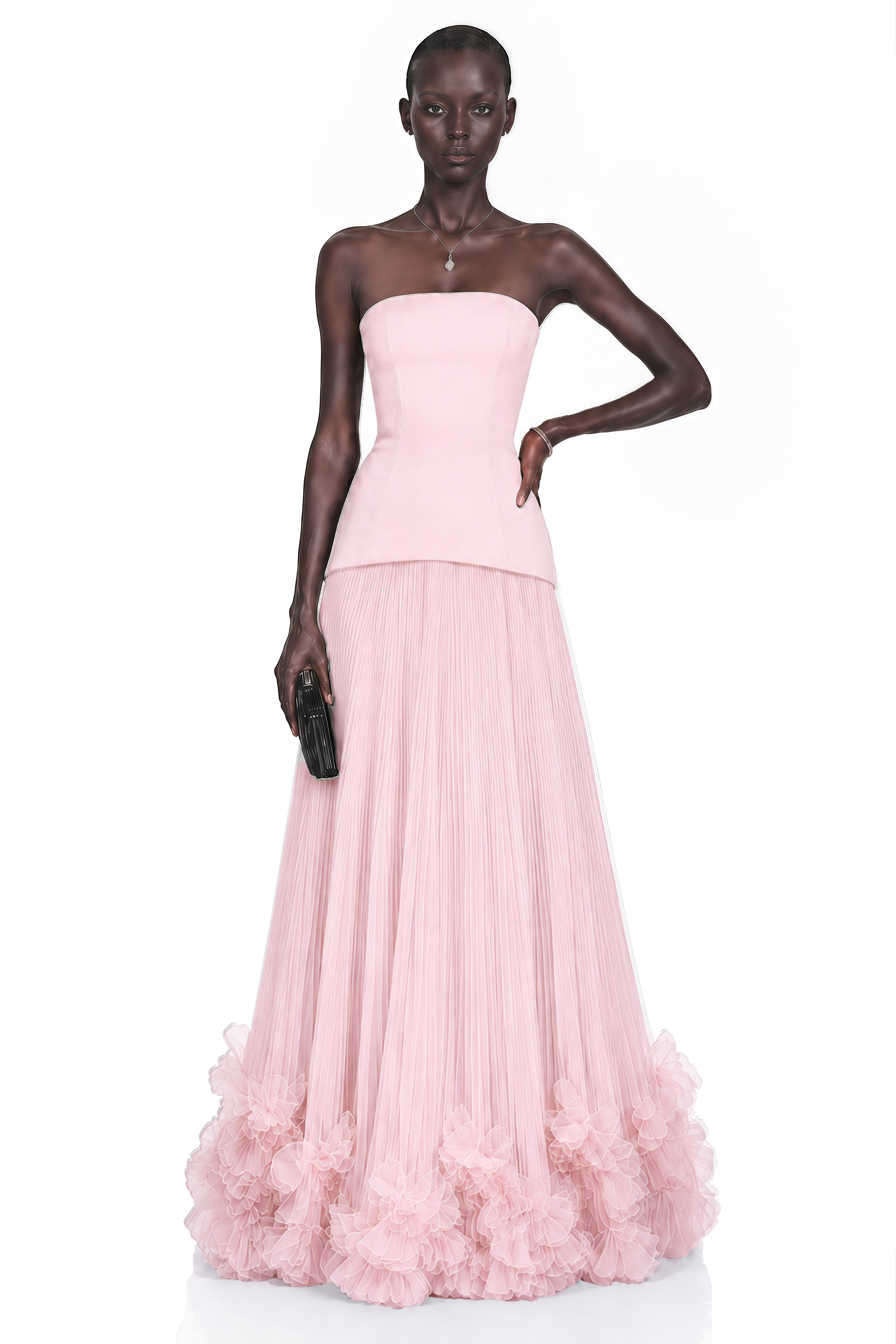 Pink strapless gown with fitted bodice and ruffled tulle skirt