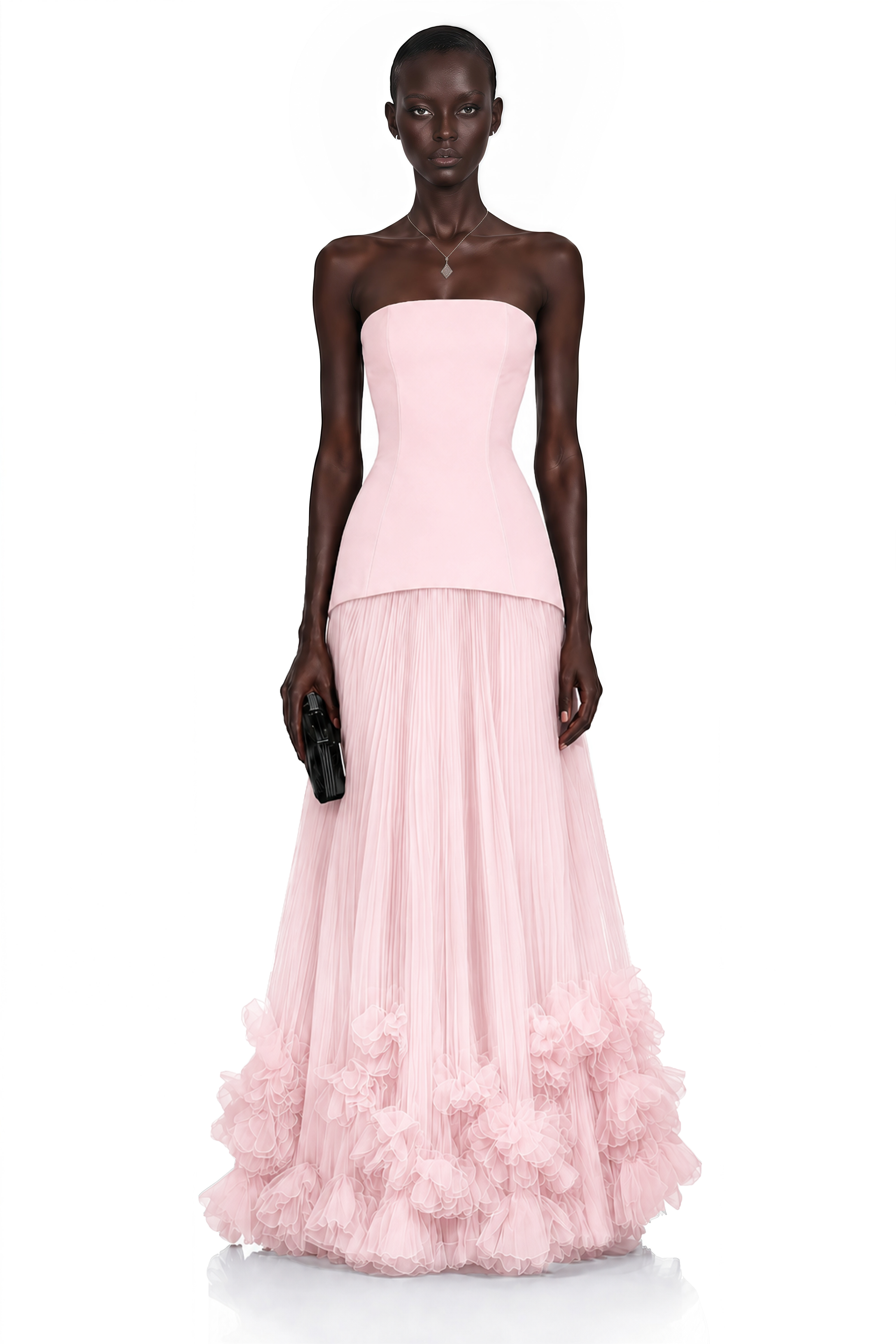 Pink strapless gown with fitted bodice and ruffled tulle skirt