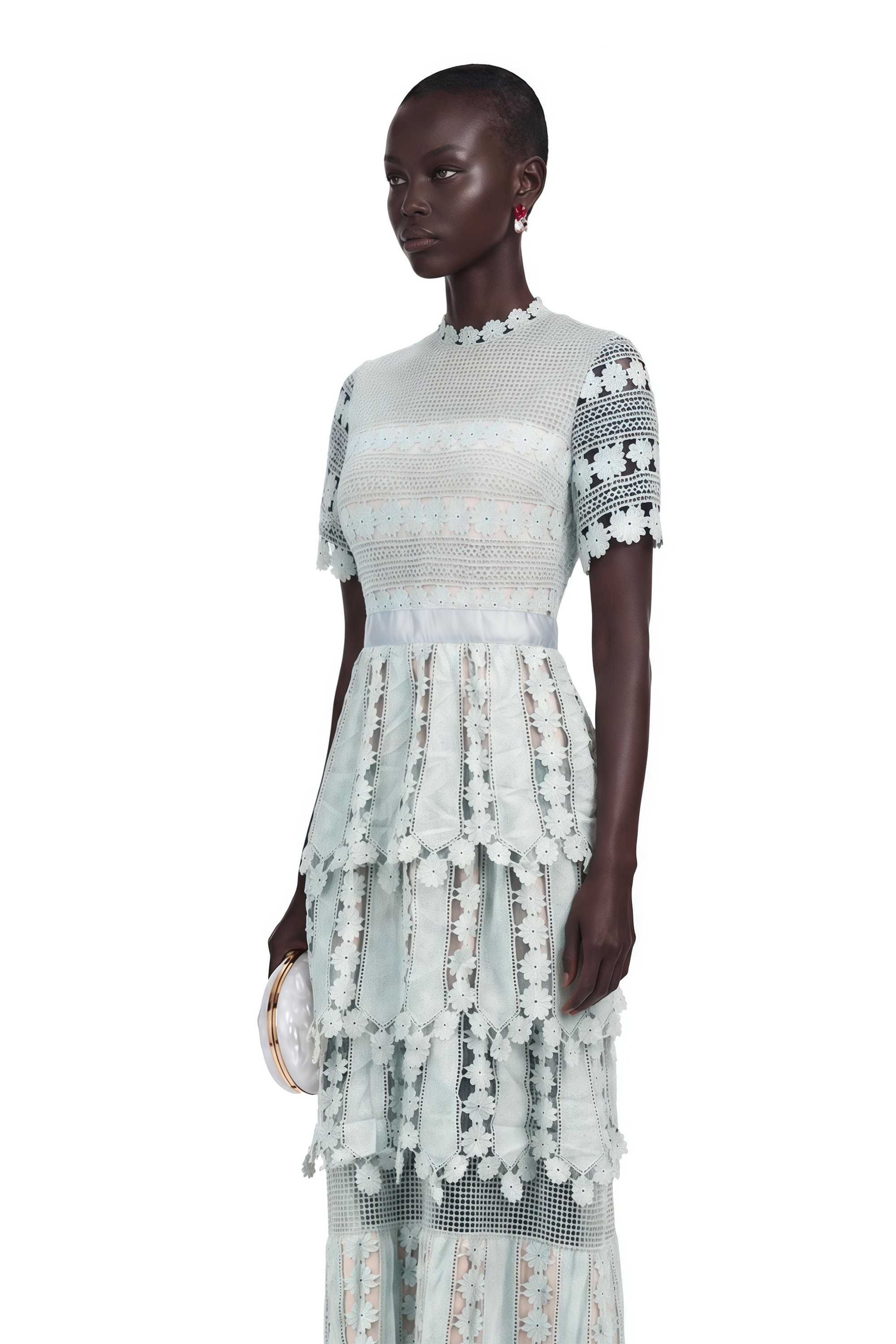 Light blue short-sleeve lace midi dress with a tiered skirt