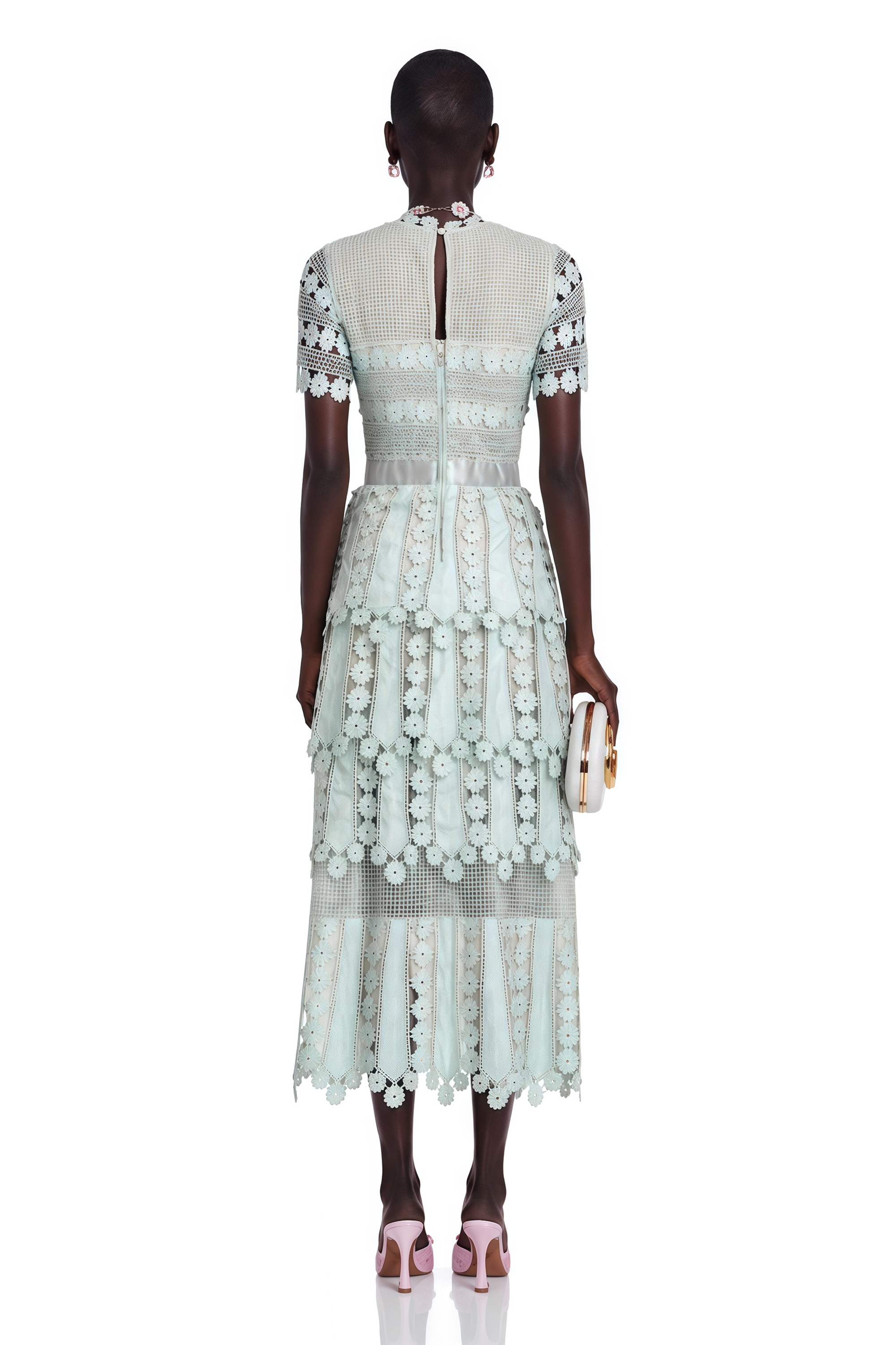 Light blue short-sleeve lace midi dress with a tiered skirt