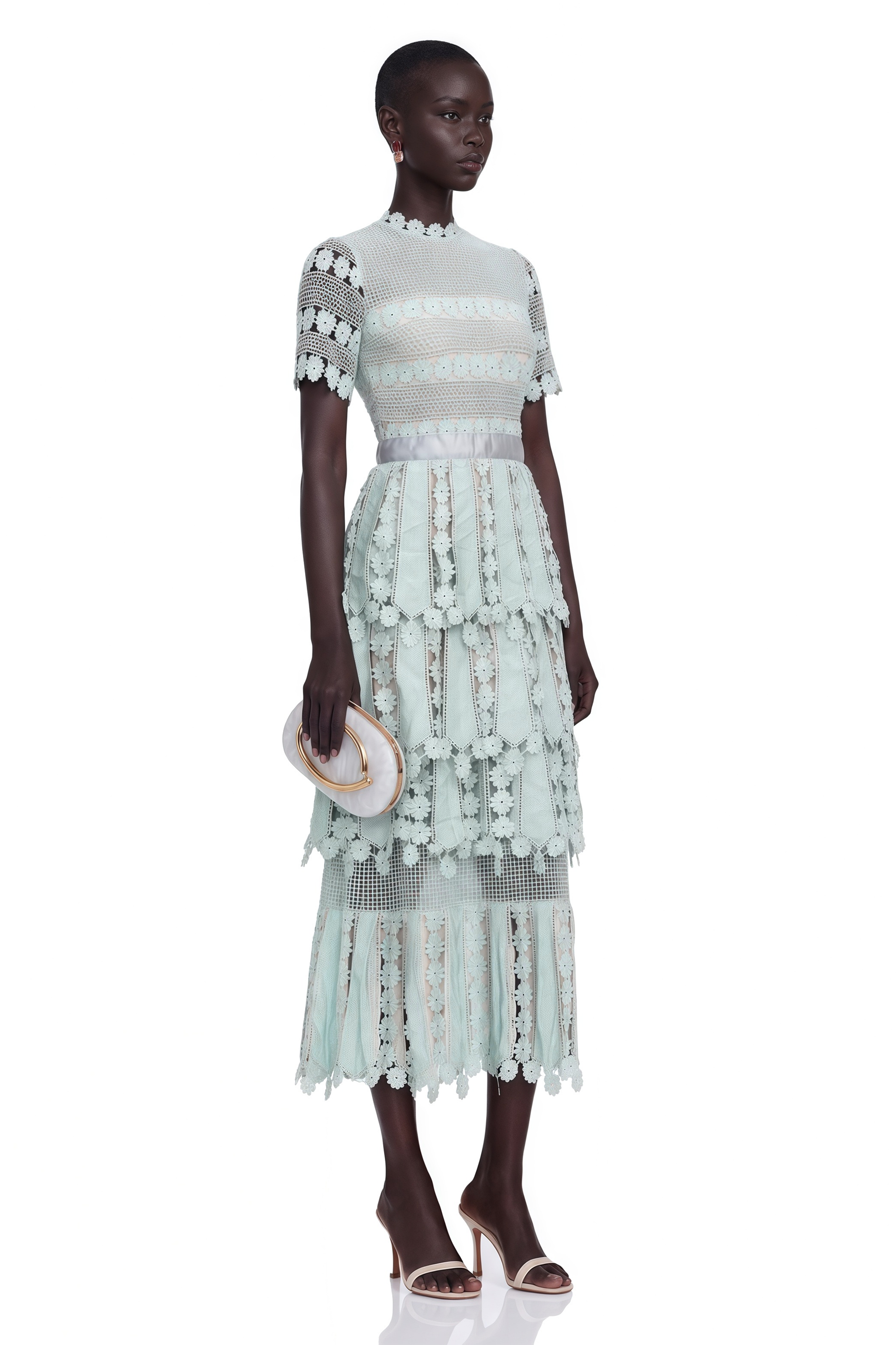 Light blue short-sleeve lace midi dress with a tiered skirt