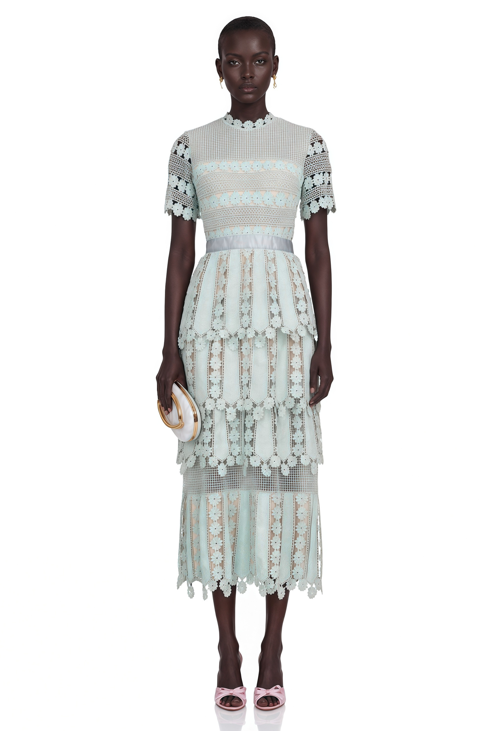 Light blue short-sleeve lace midi dress with a tiered skirt