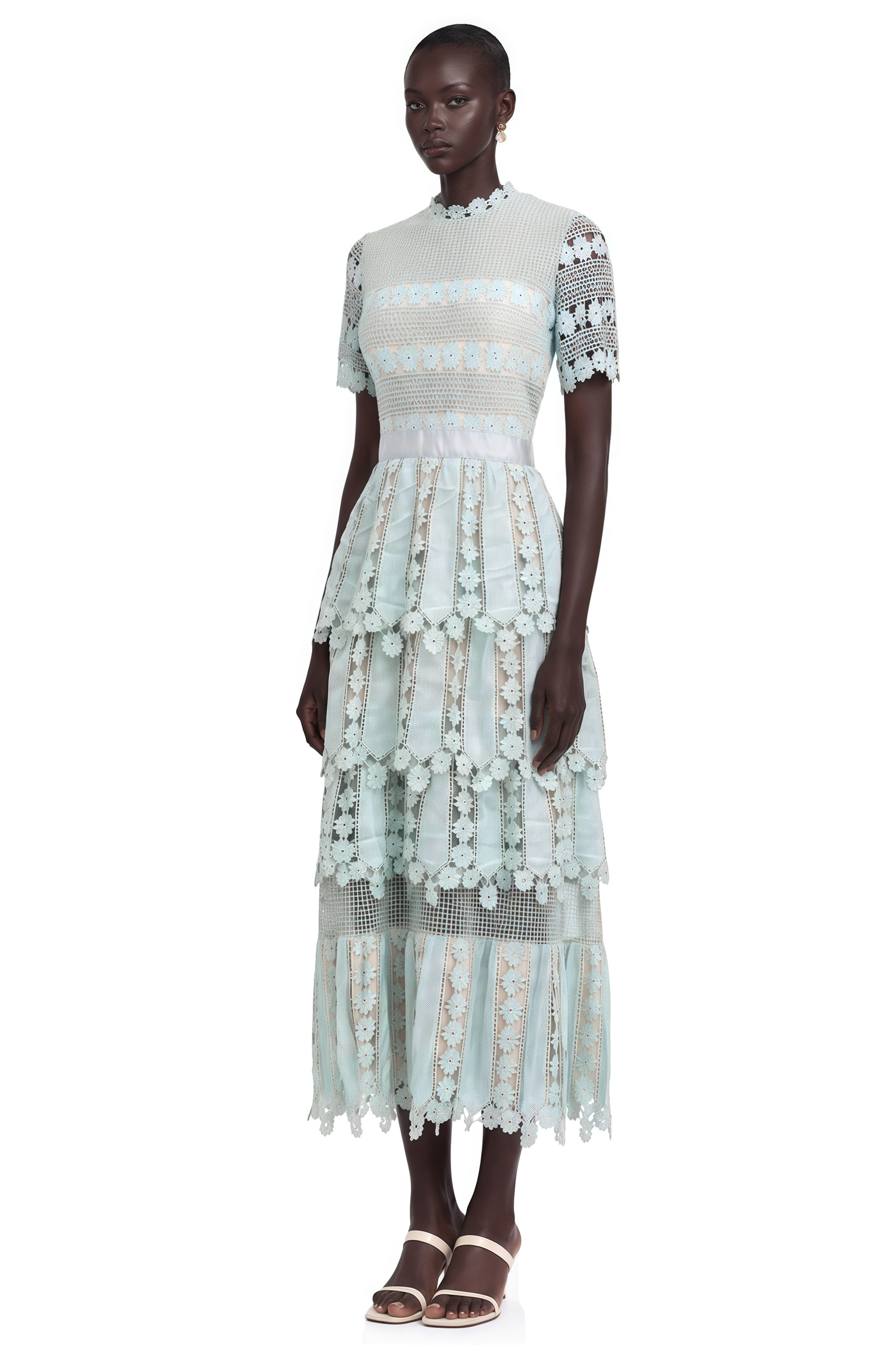 Light blue short-sleeve lace midi dress with a tiered skirt