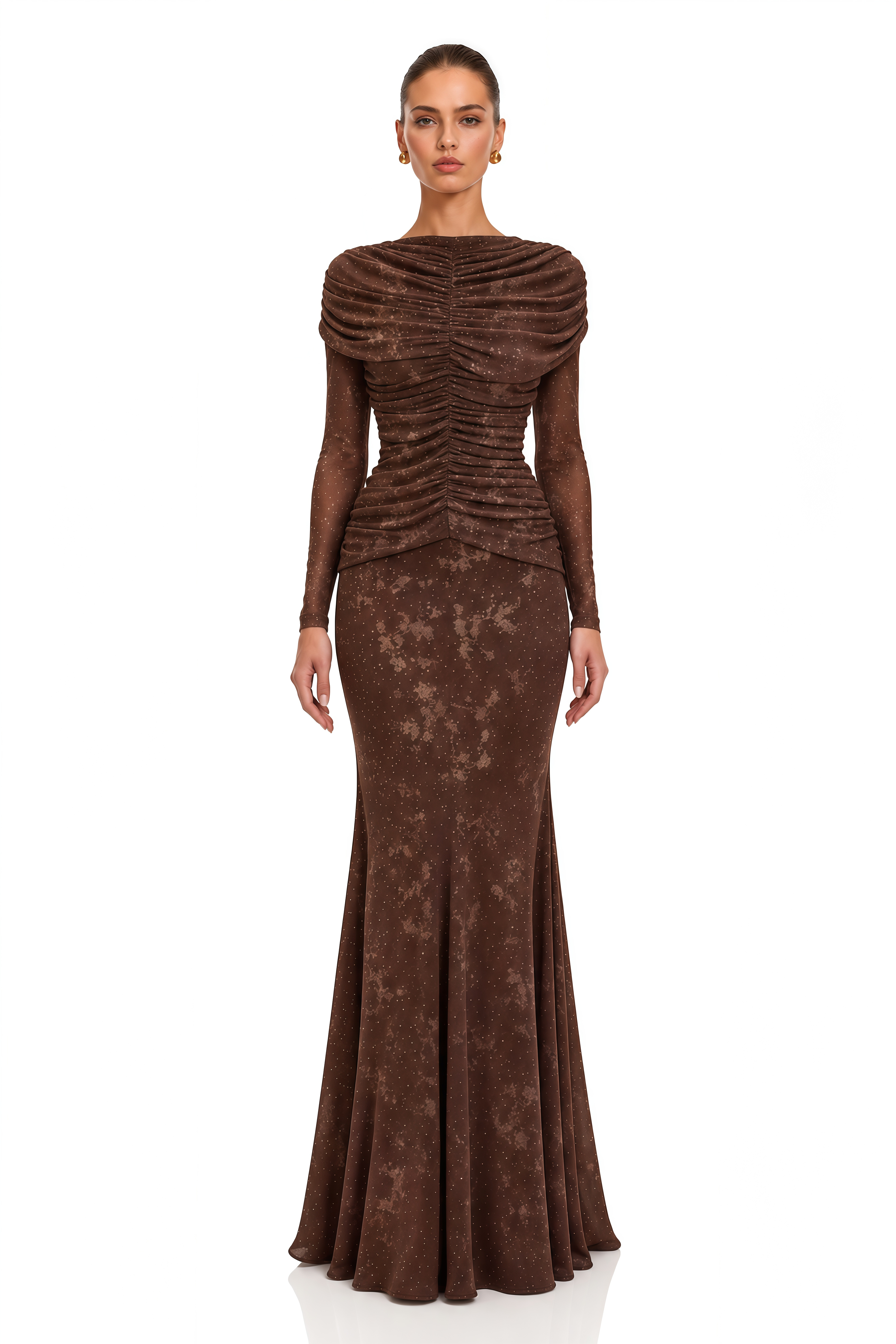 Odelia Brown Floral Print Ruched Mermaid Maxi Dress