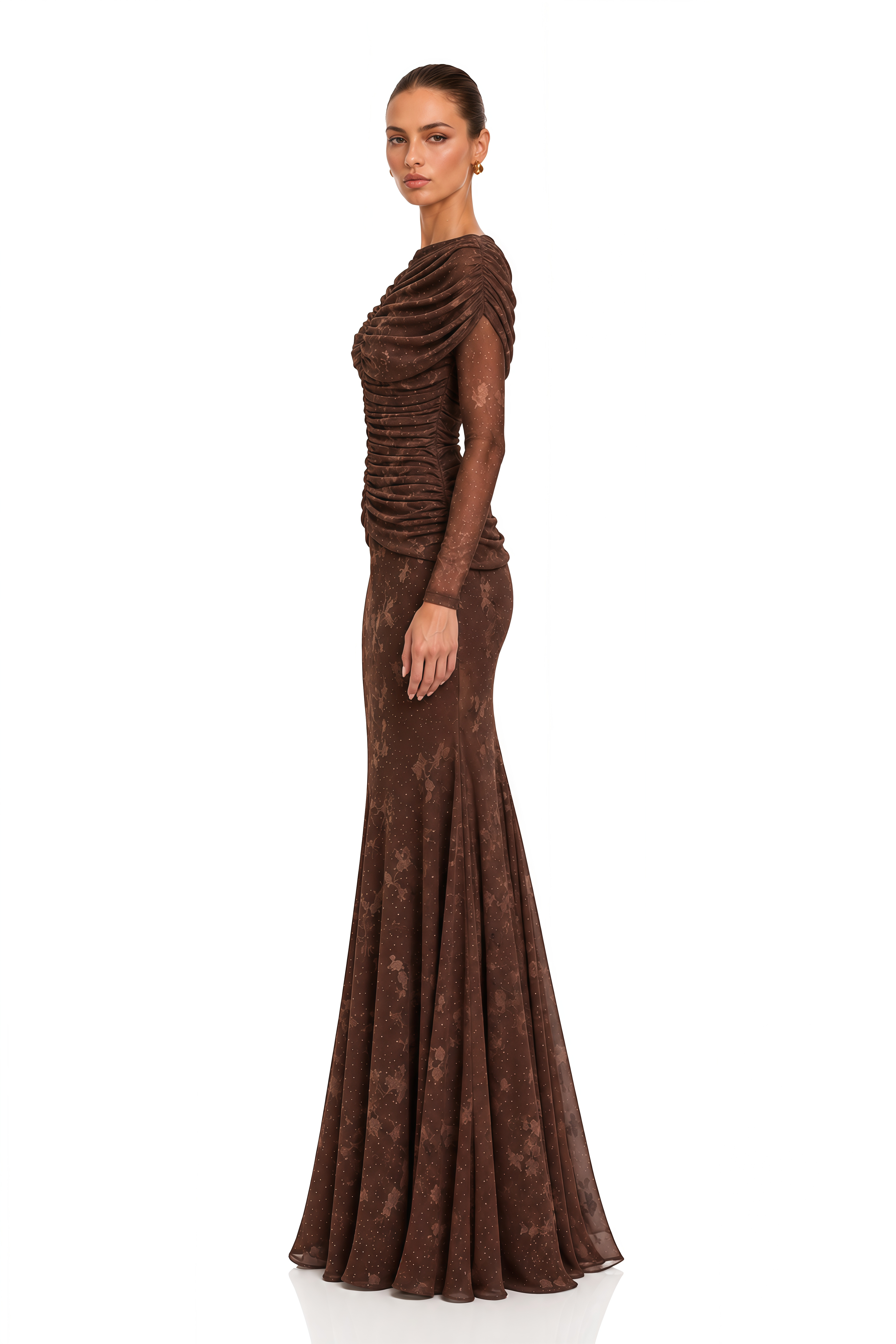 Odelia Brown Floral Print Ruched Mermaid Maxi Dress