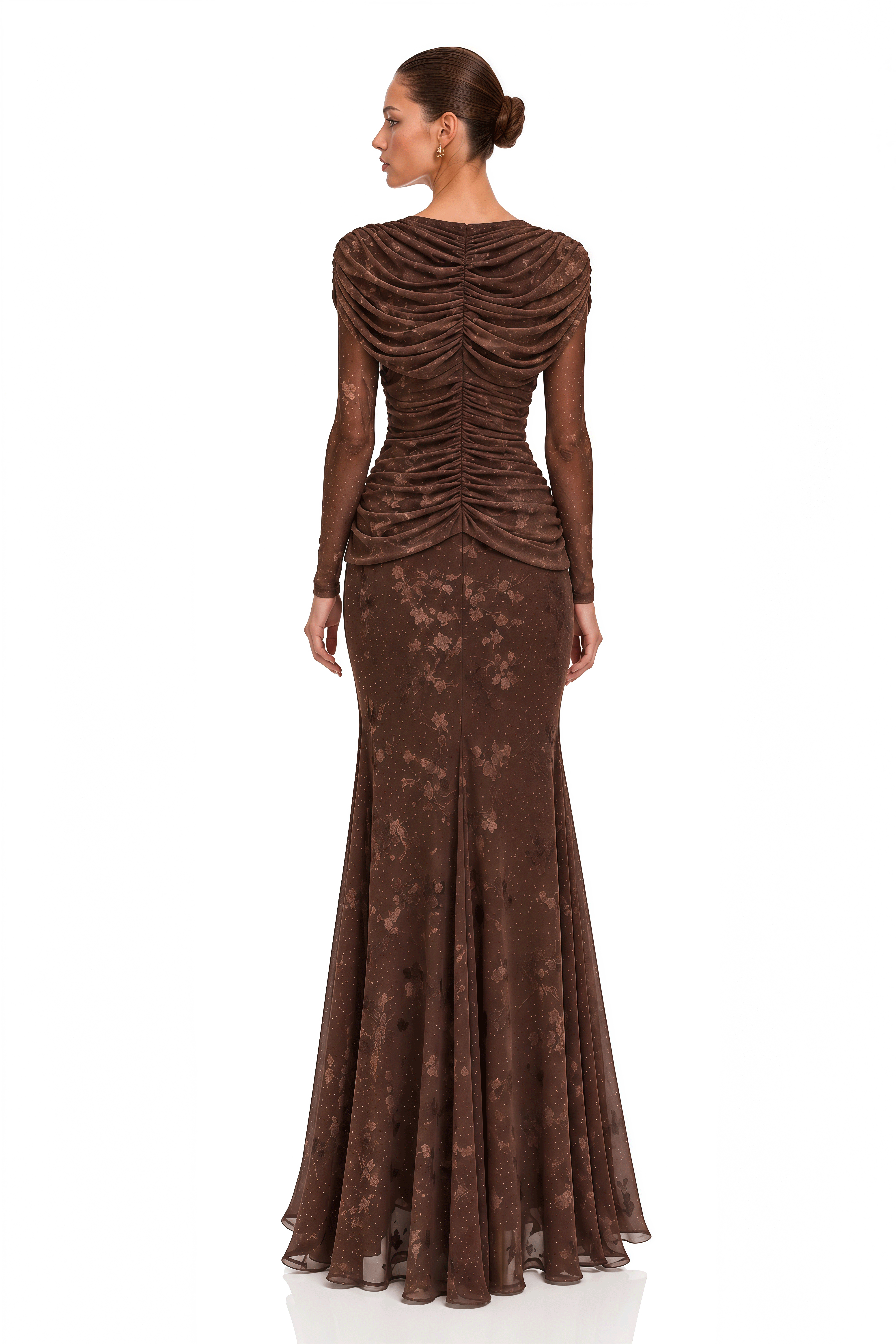 Odelia Brown Floral Print Ruched Mermaid Maxi Dress
