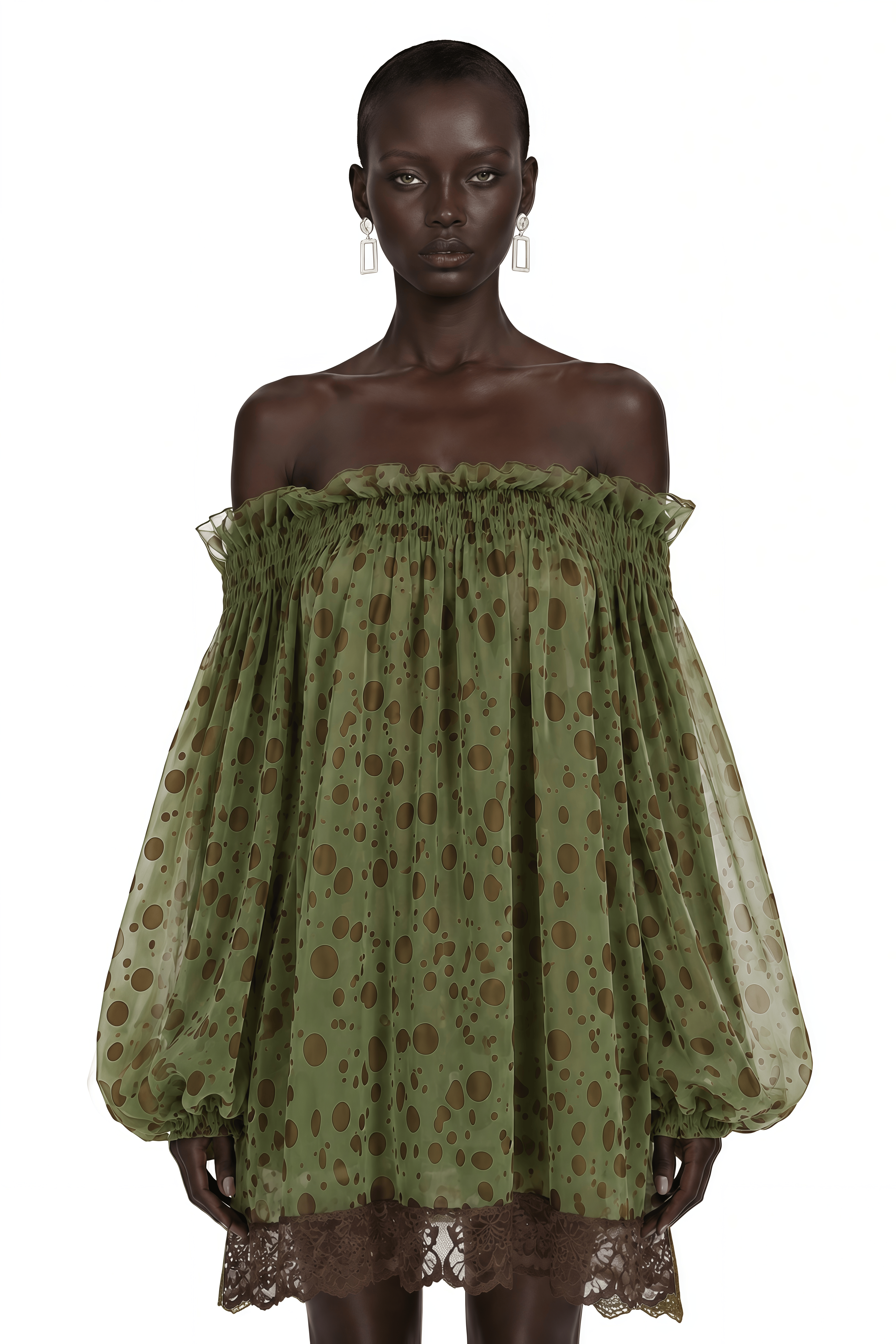 Odile Olive Green Off Shoulder Polka Dot Mini Dress