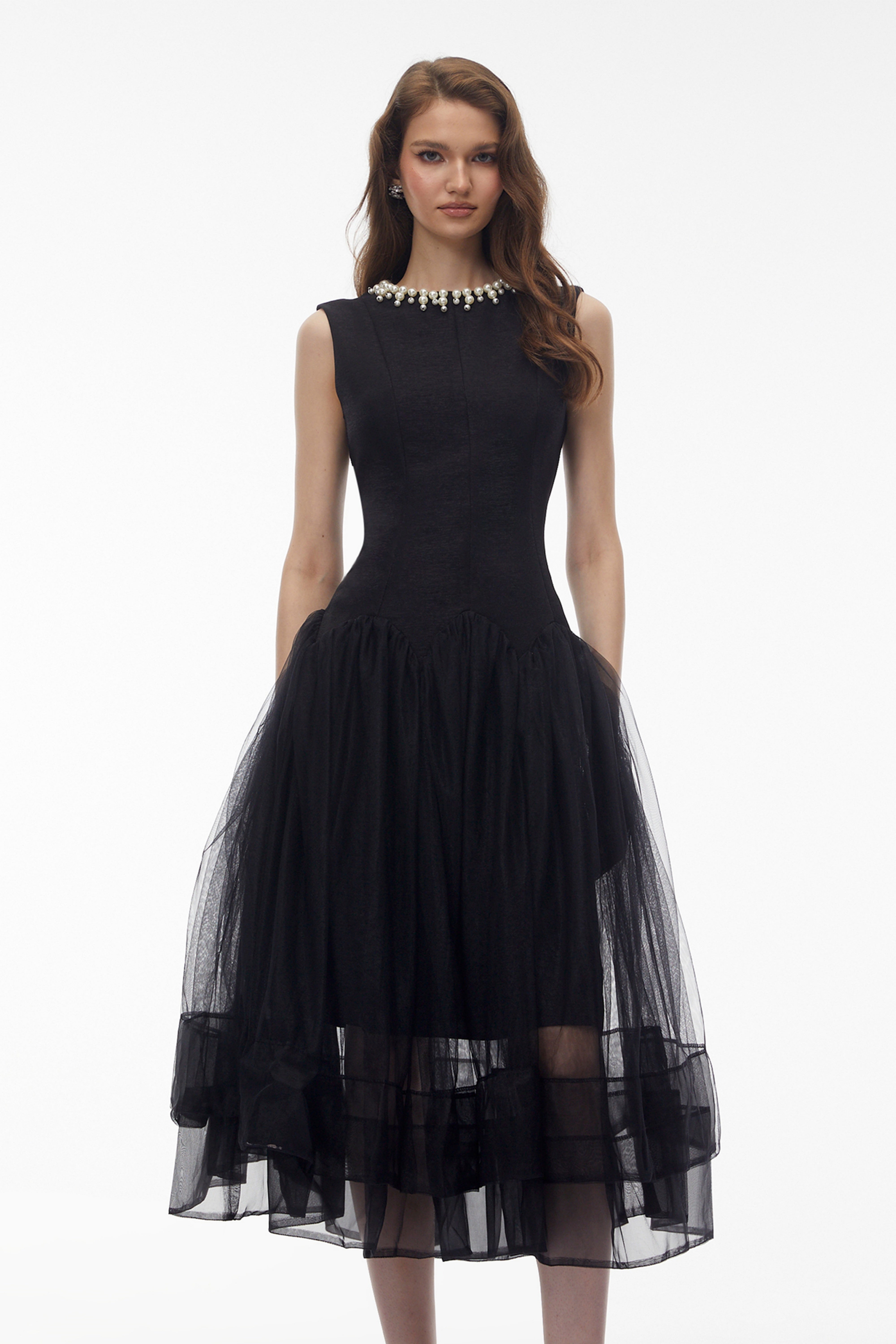 Black sleeveless midi dress with pearl neckline and tulle skirt