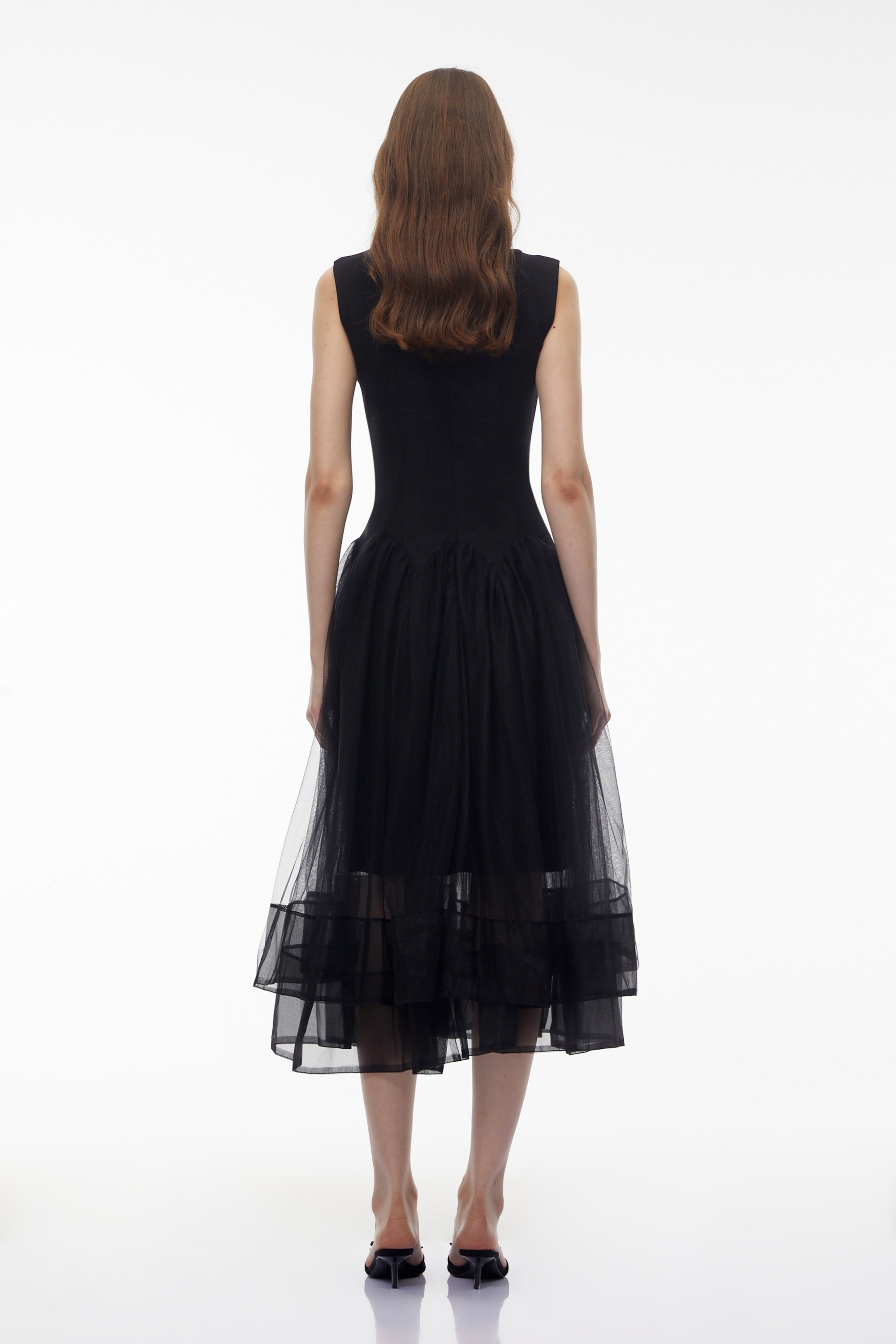 Black sleeveless midi dress with pearl neckline and tulle skirt