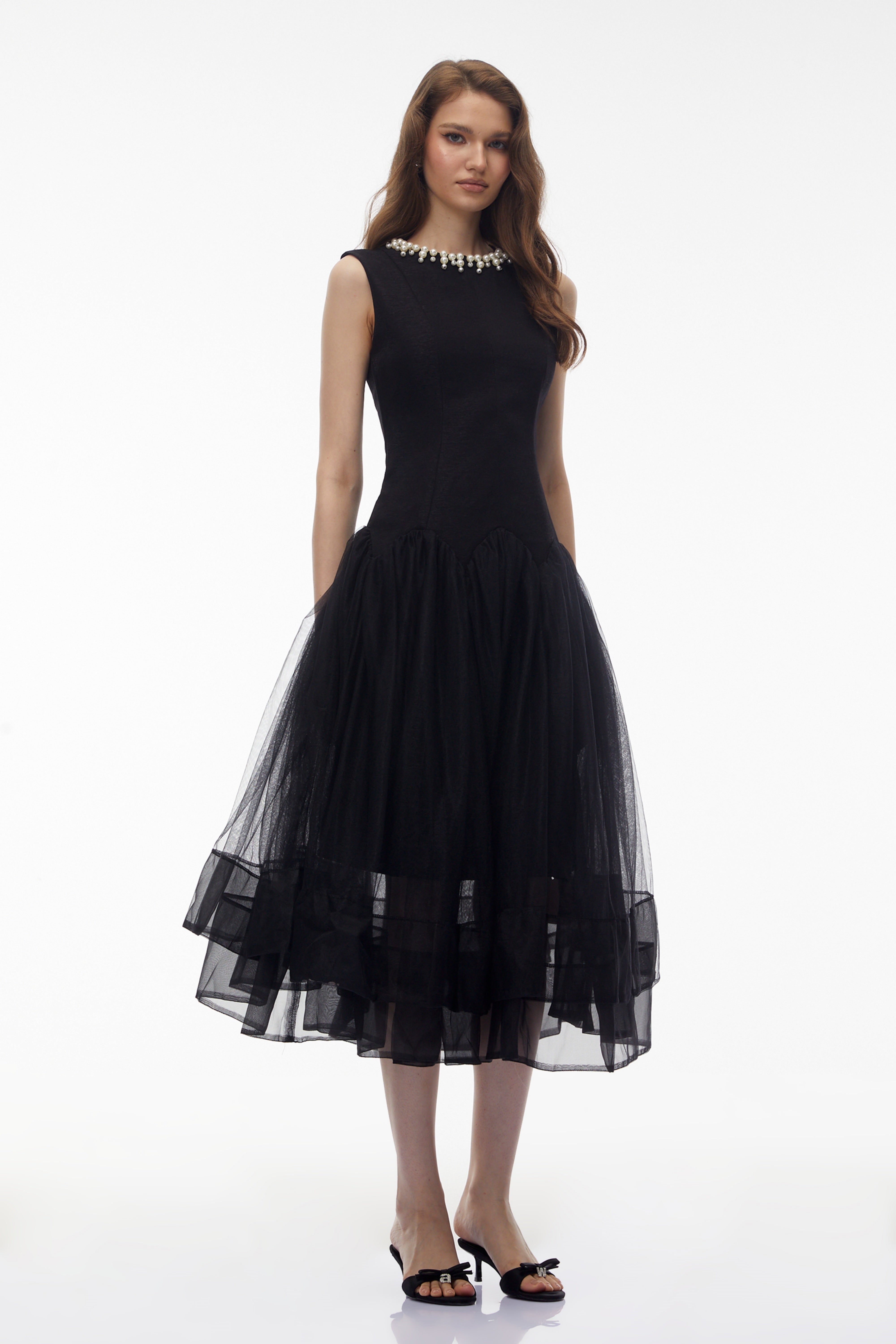 Black sleeveless midi dress with pearl neckline and tulle skirt