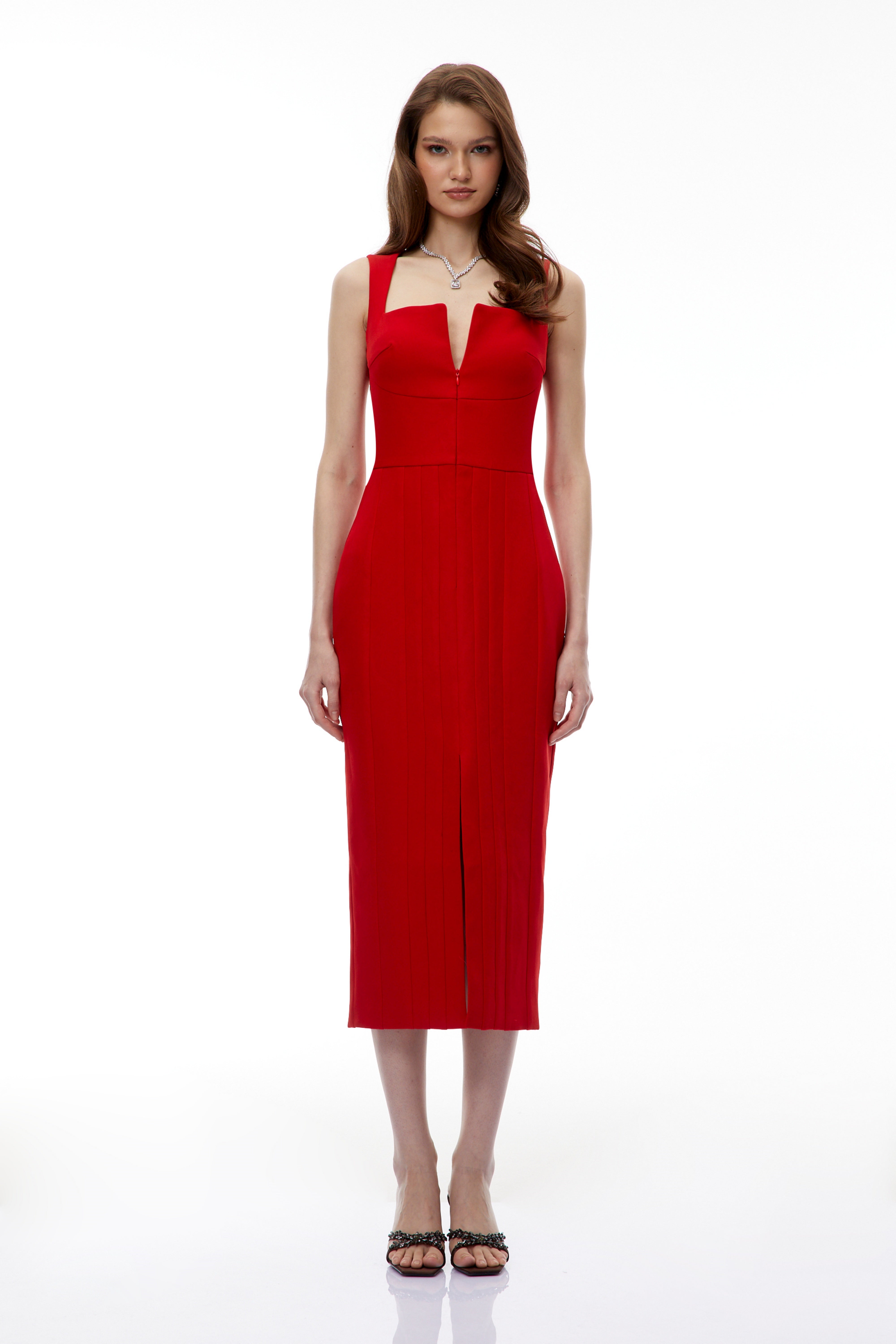 Red Front Zip Corset Midi Dress