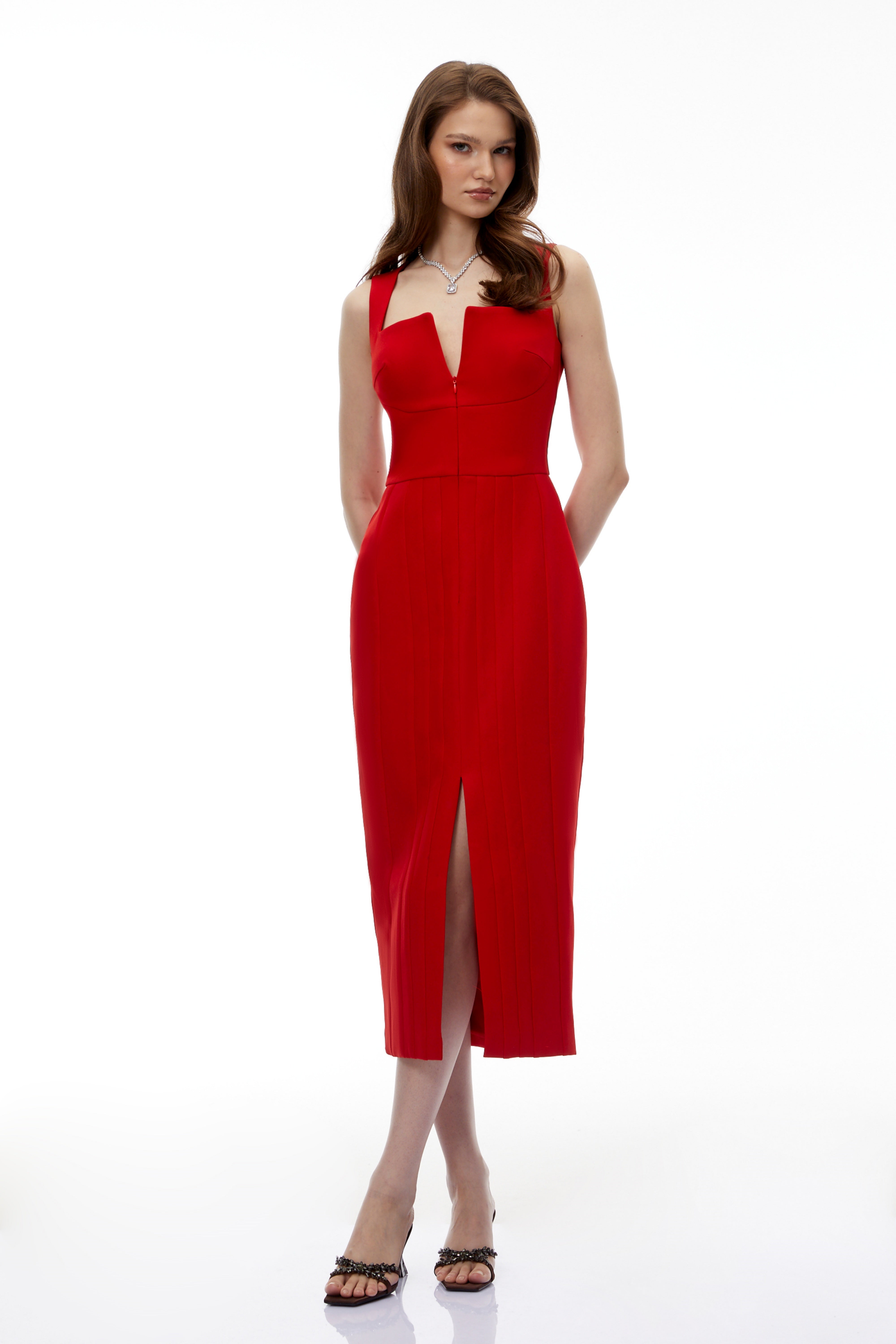 Red Front Zip Corset Midi Dress
