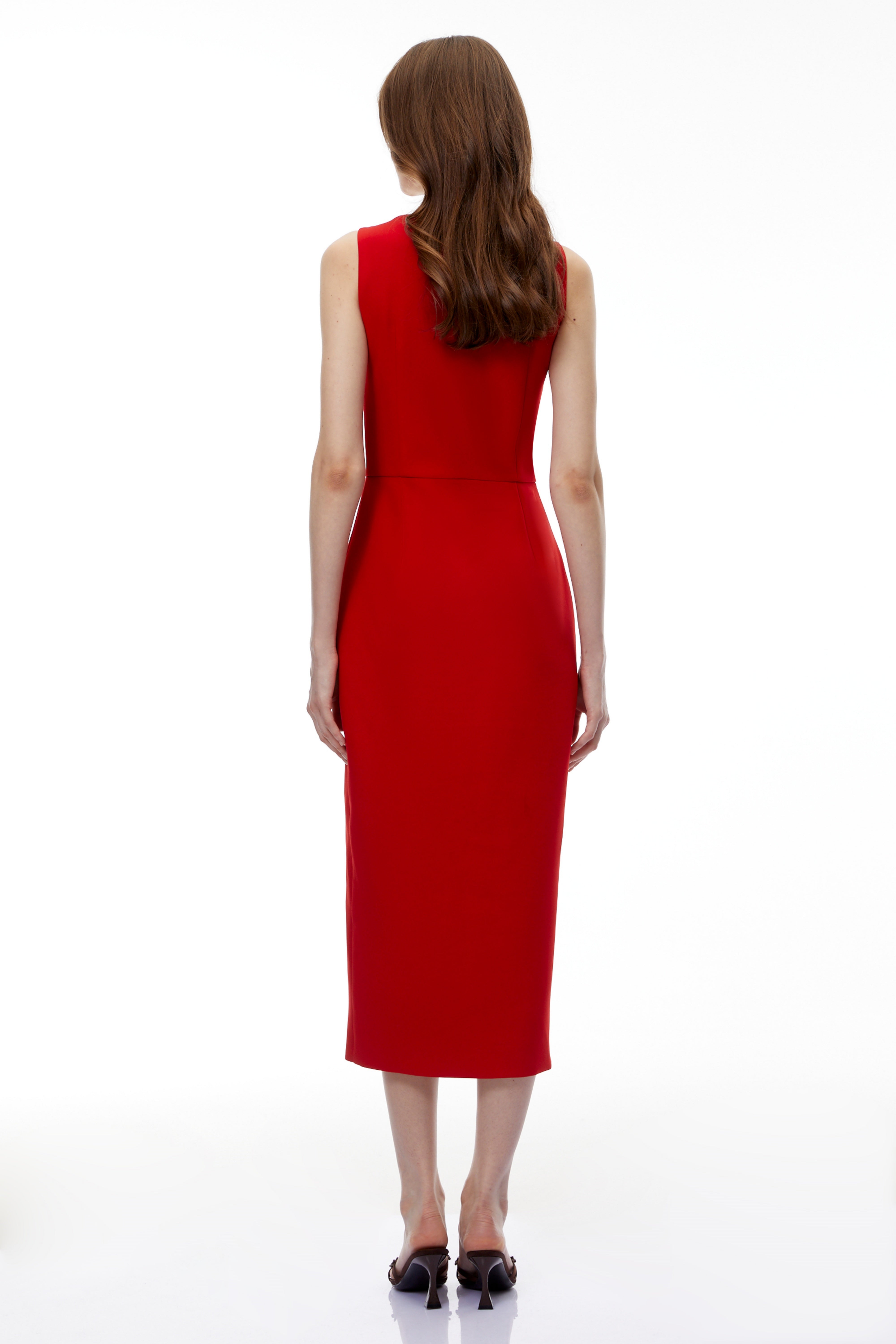 Red Front Zip Corset Midi Dress