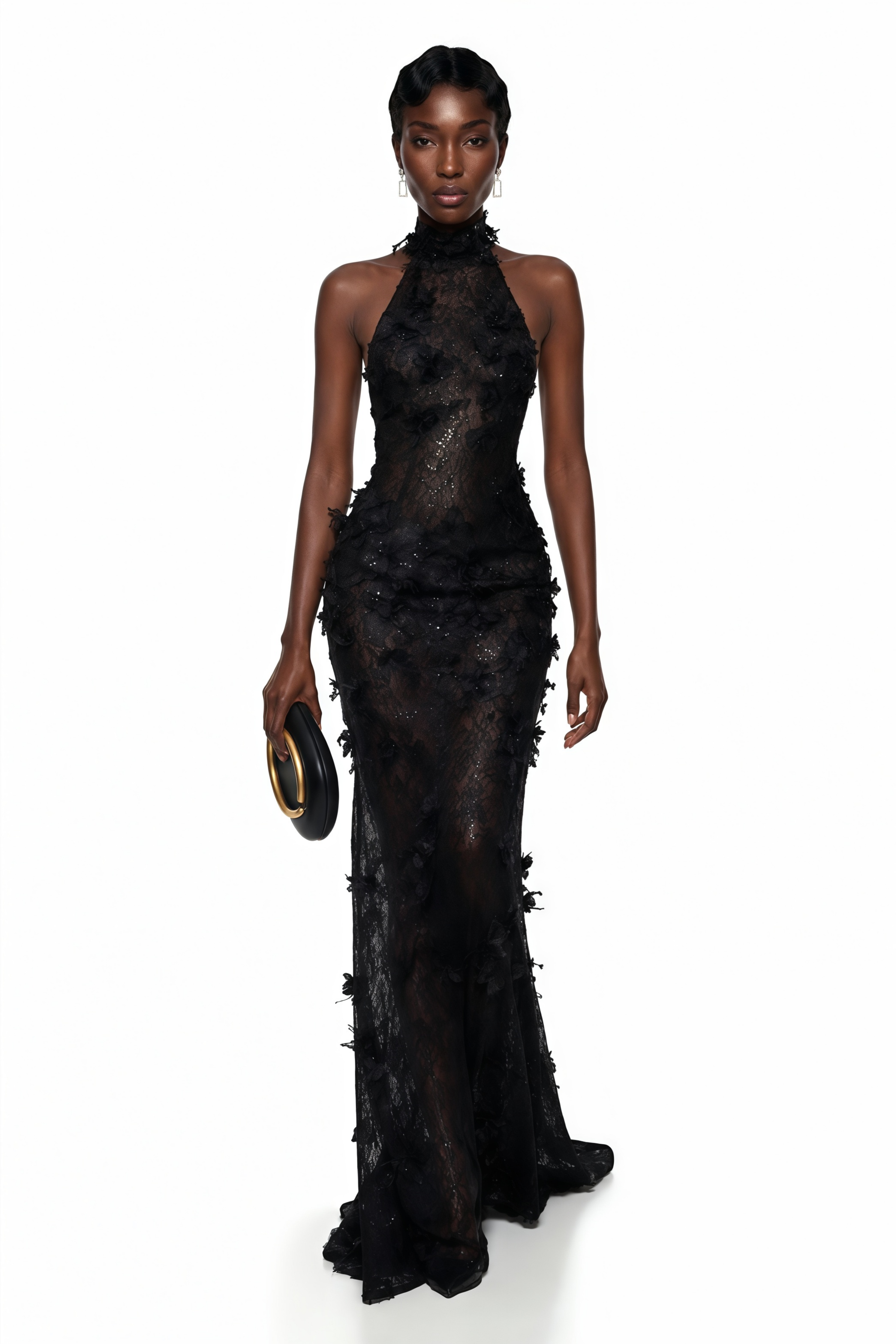 Black sheer lace halter neck mermaid gown featuring 3D floral appliqués