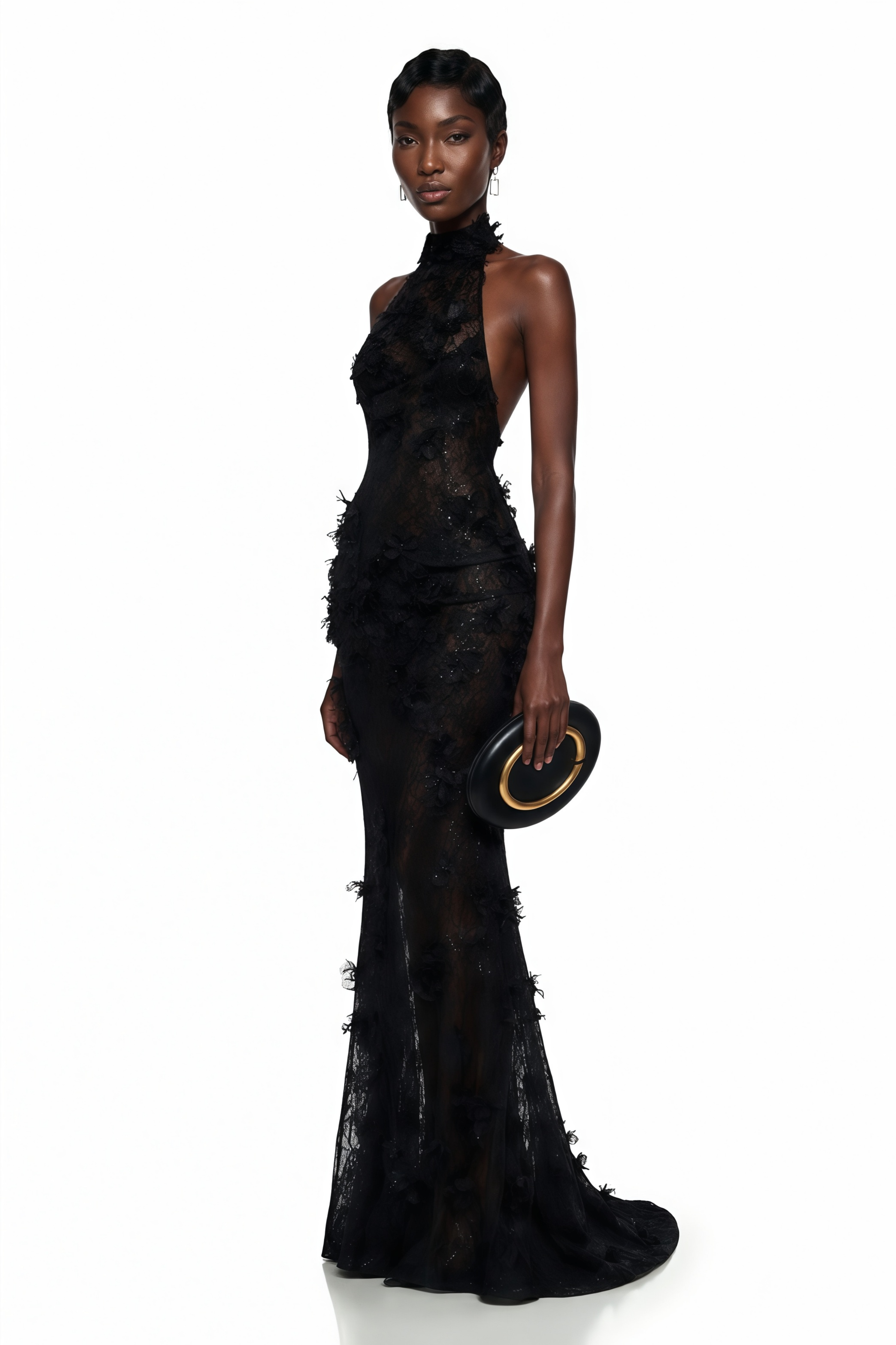 Black sheer lace halter neck mermaid gown featuring 3D floral appliqués