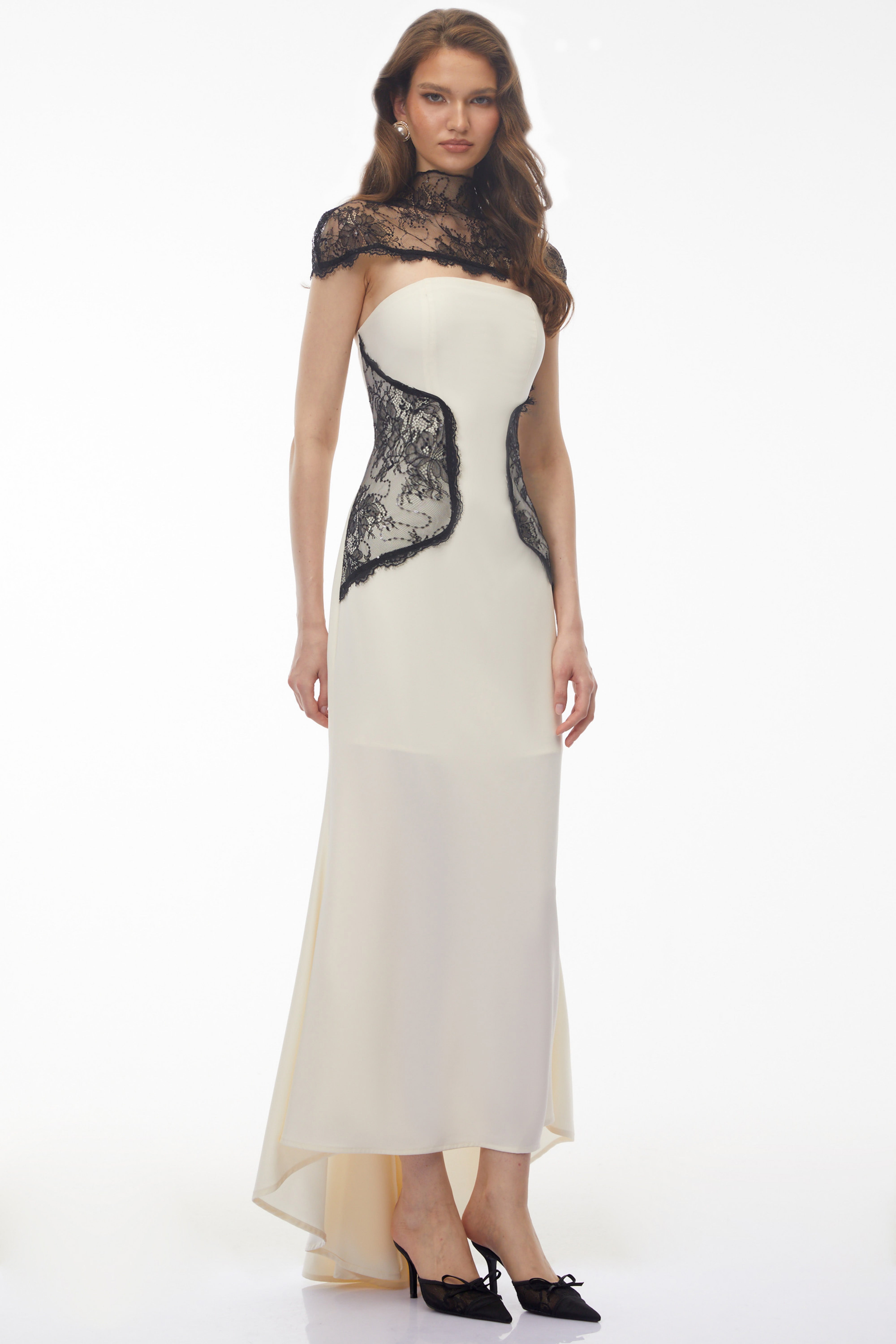 White Satin Mermaid Gown with Black Lace Bolero and Side Panels