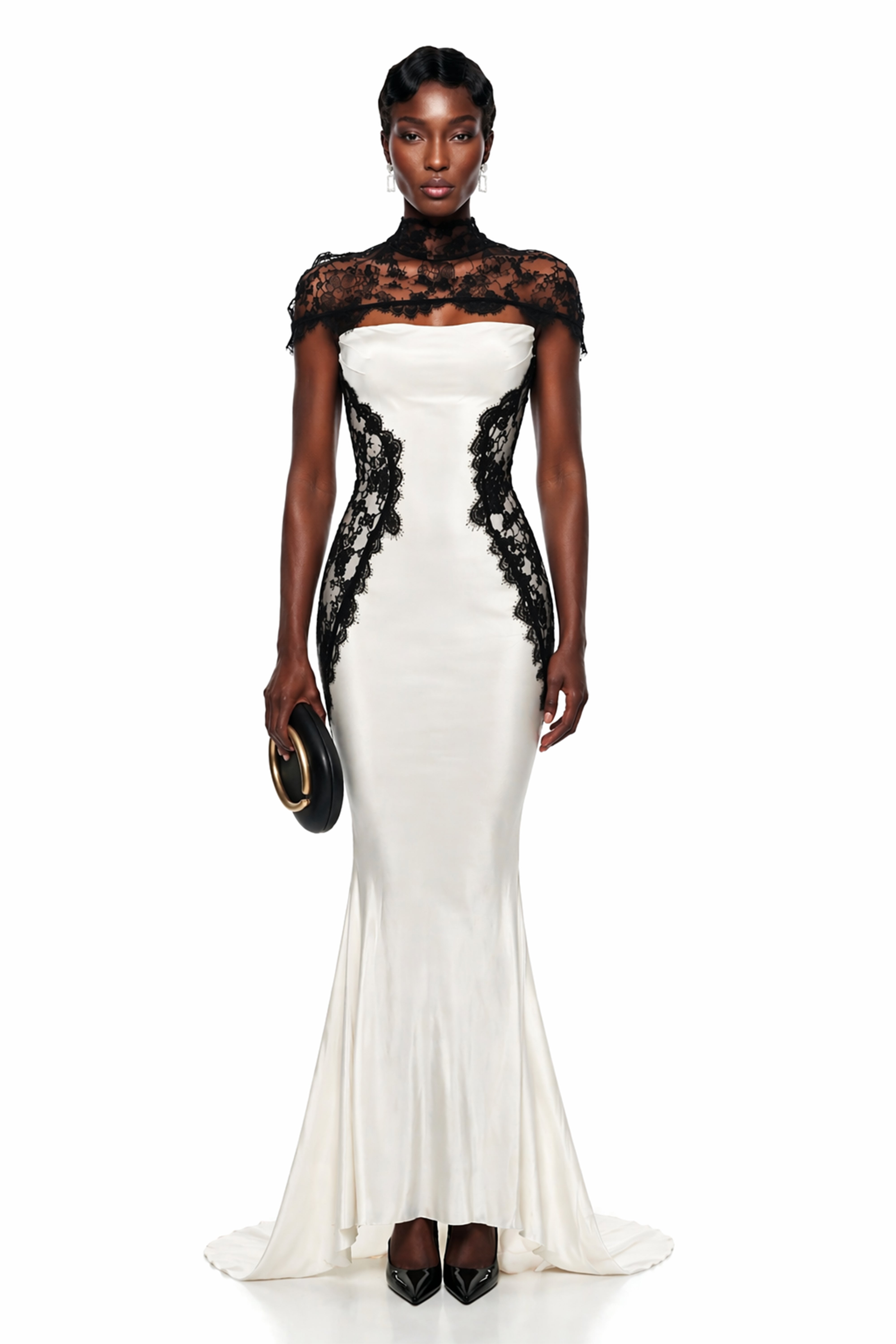 White satin mermaid gown with black lace side panels and a matching lace mock-neck bolero