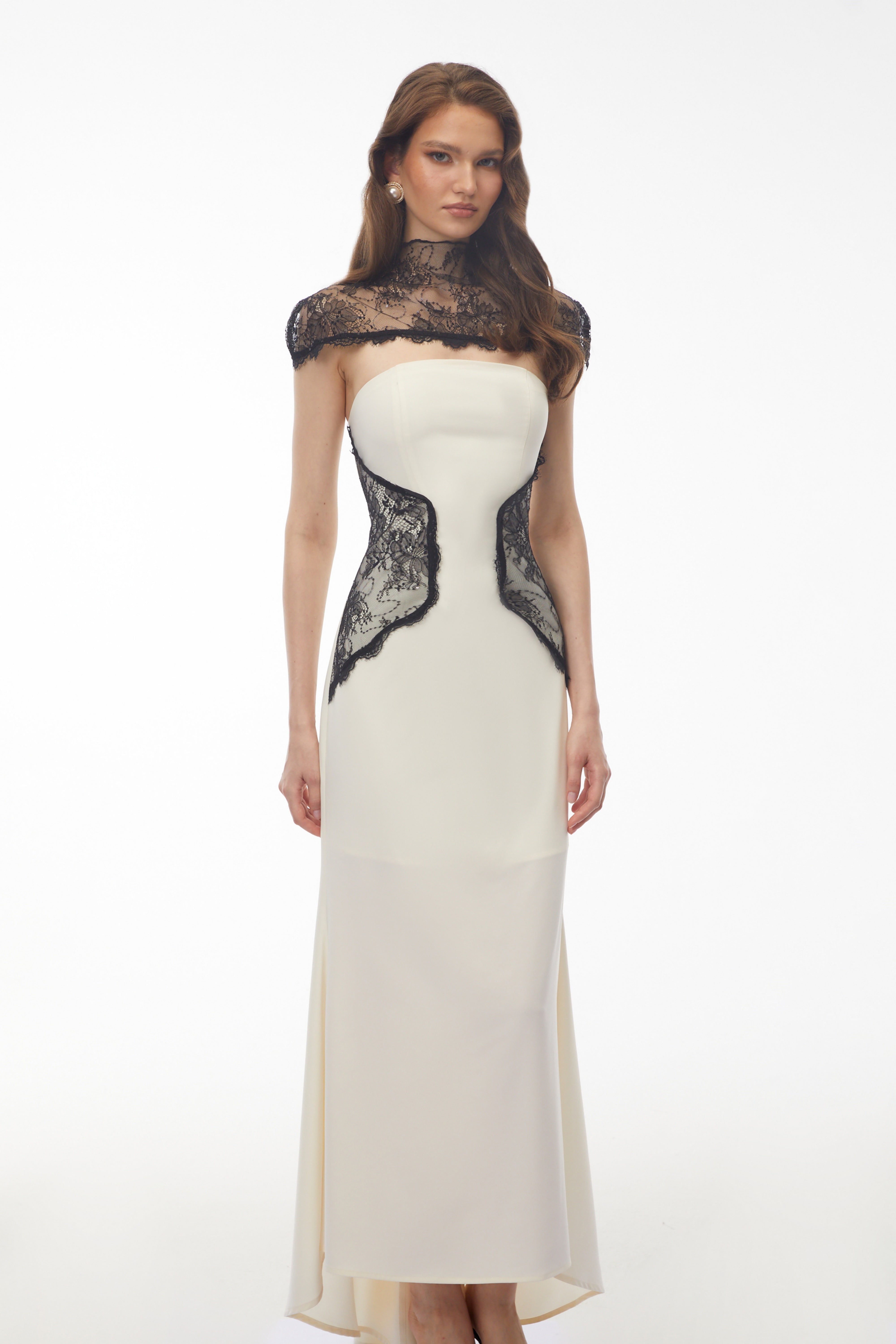 White Satin Mermaid Gown with Black Lace Bolero and Side Panels