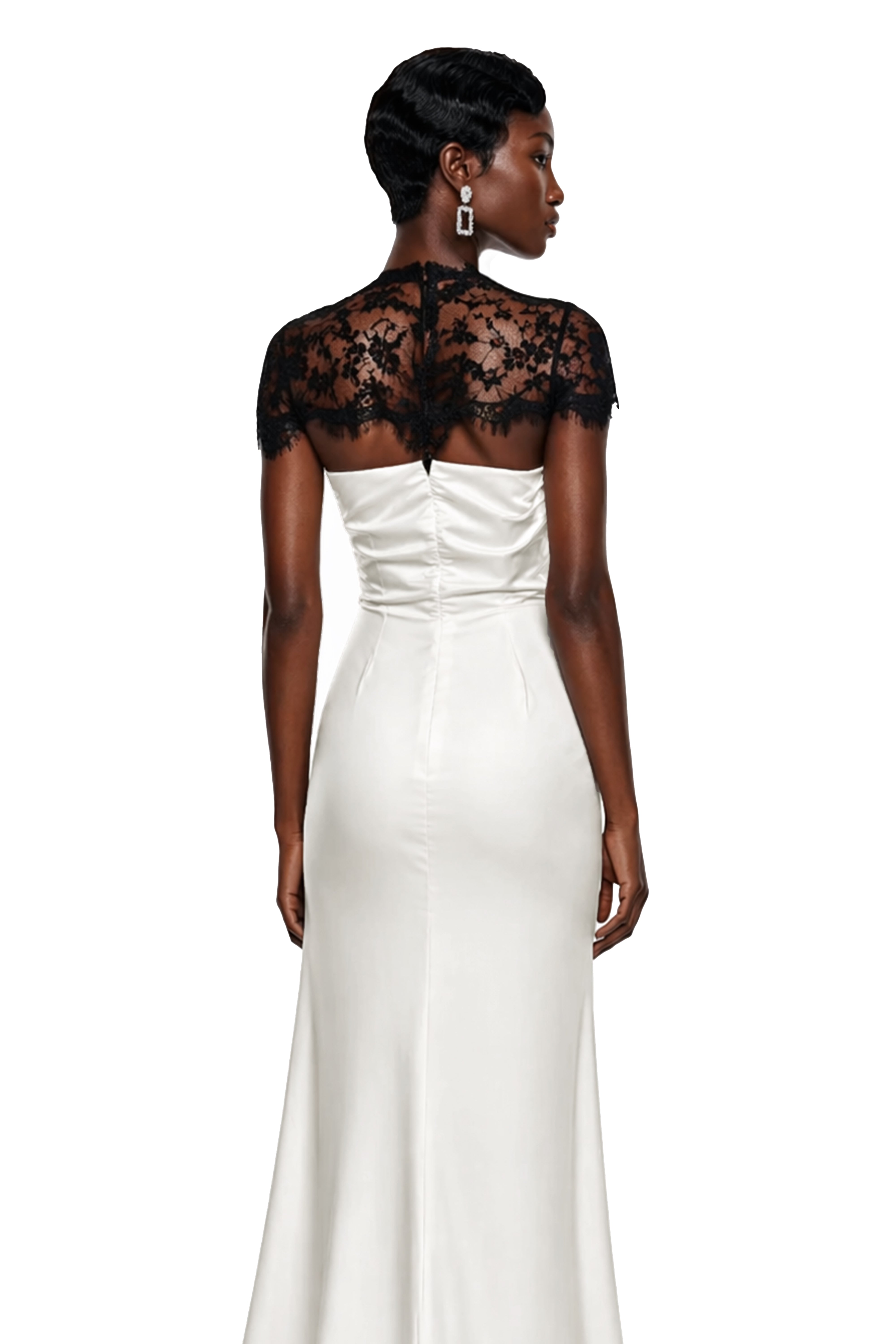 White satin mermaid gown with black lace side panels and a matching lace mock-neck bolero