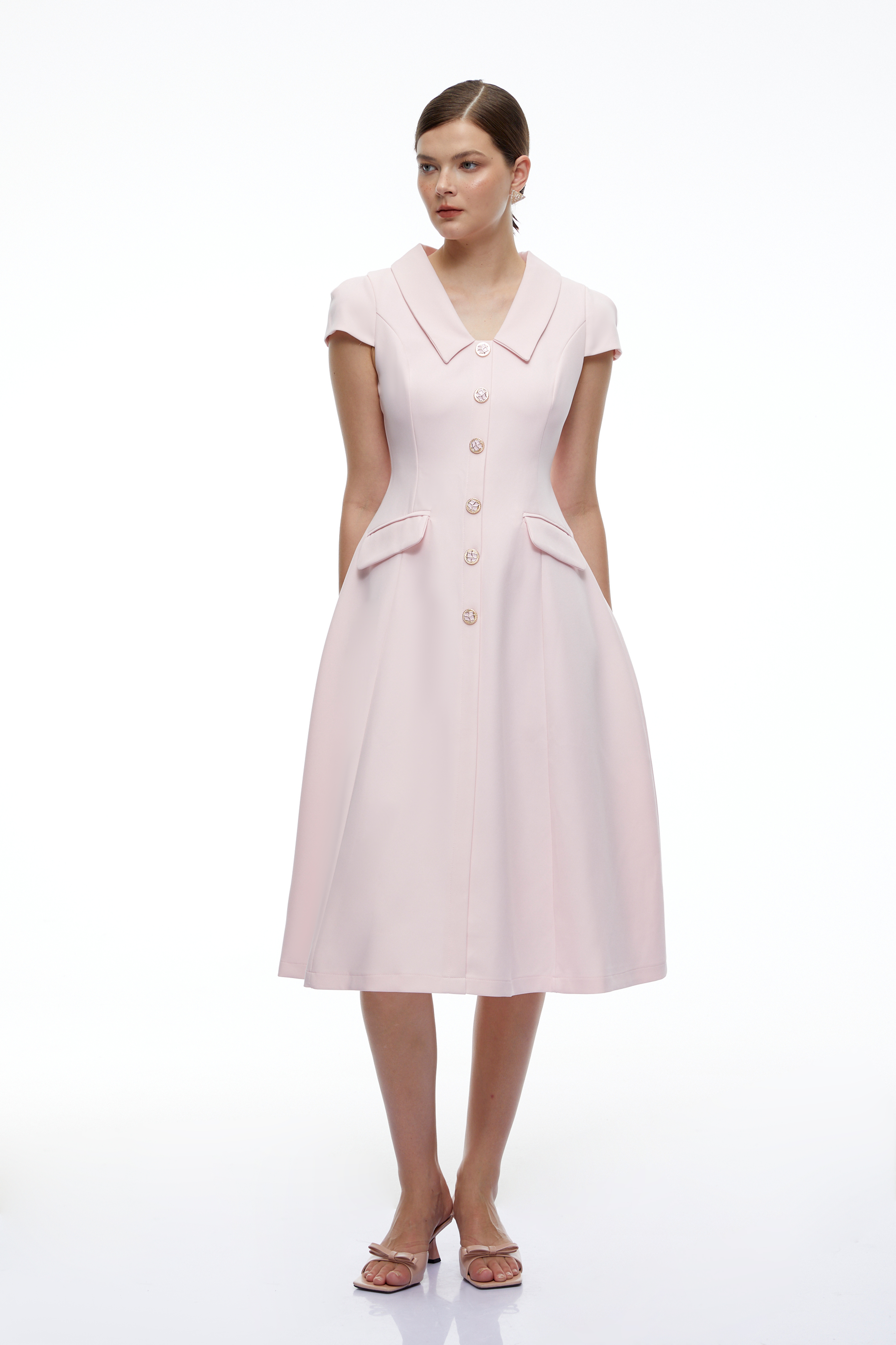 Olivia Pink Collared Button Front A-Line Midi Dress