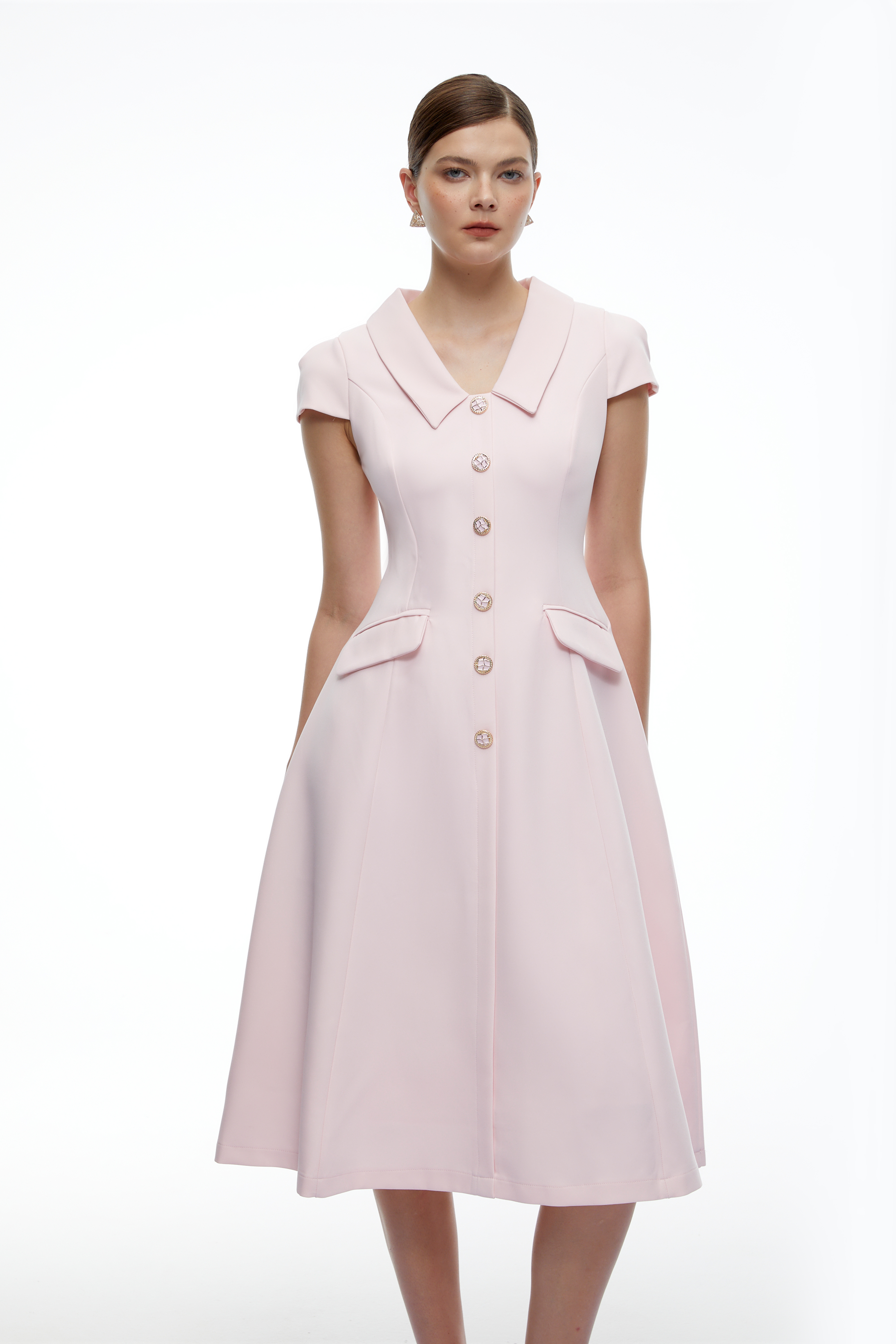 Olivia Pink Collared Button Front A-Line Midi Dress