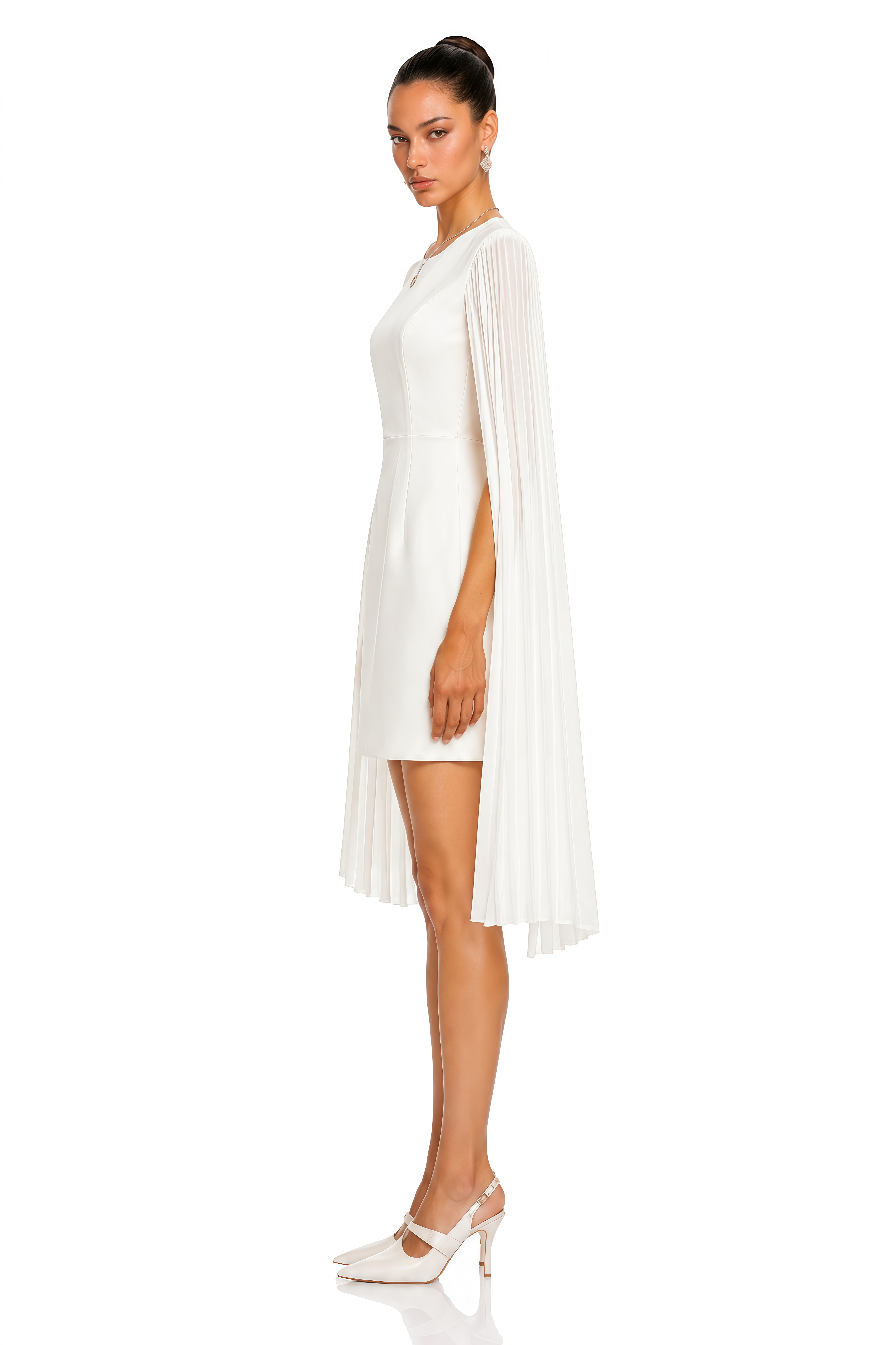Olivia White Round Neck Pleated Sleeves Mini Dress