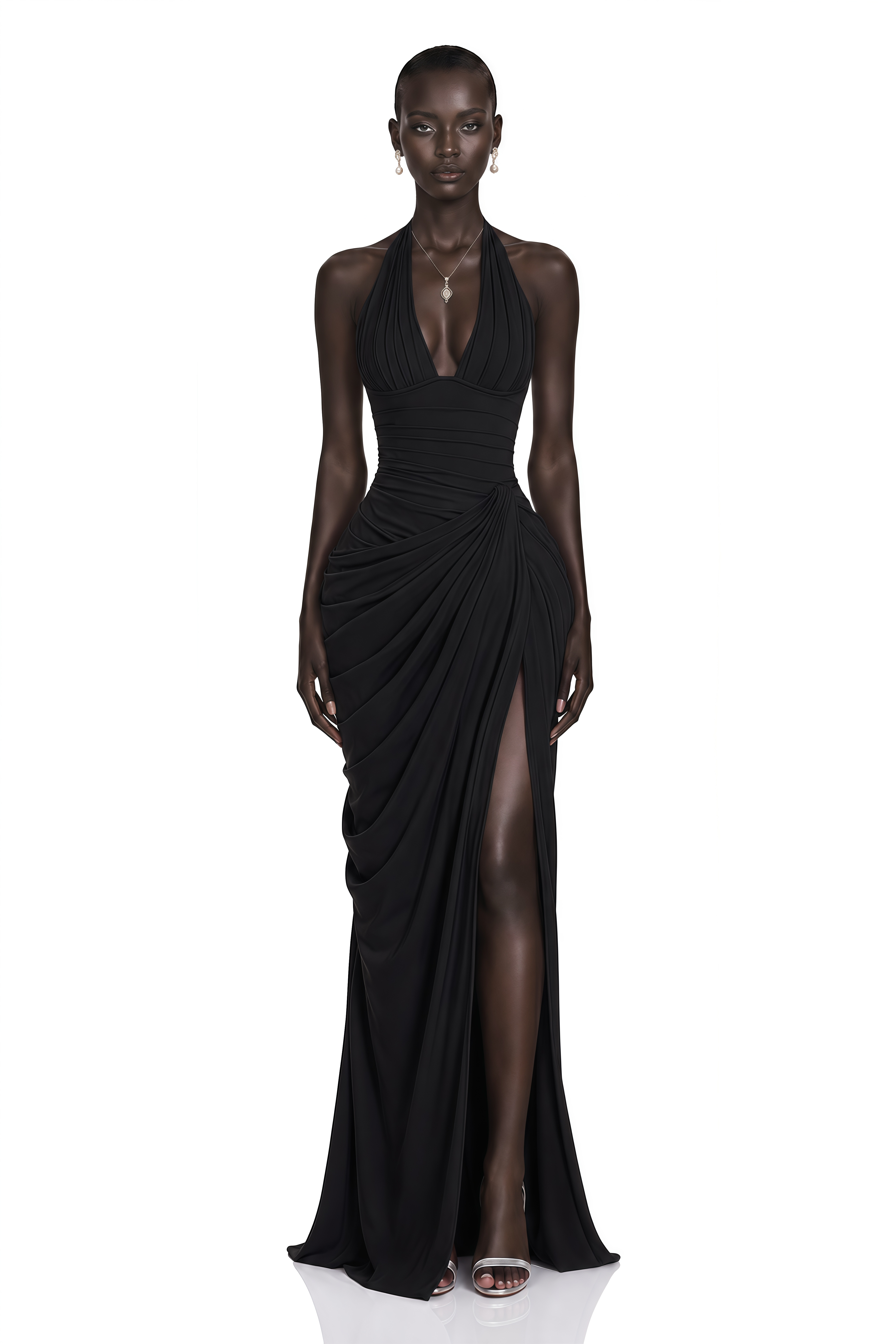 Ombeline Black Halterneck Ruched Maxi Dress with Slit