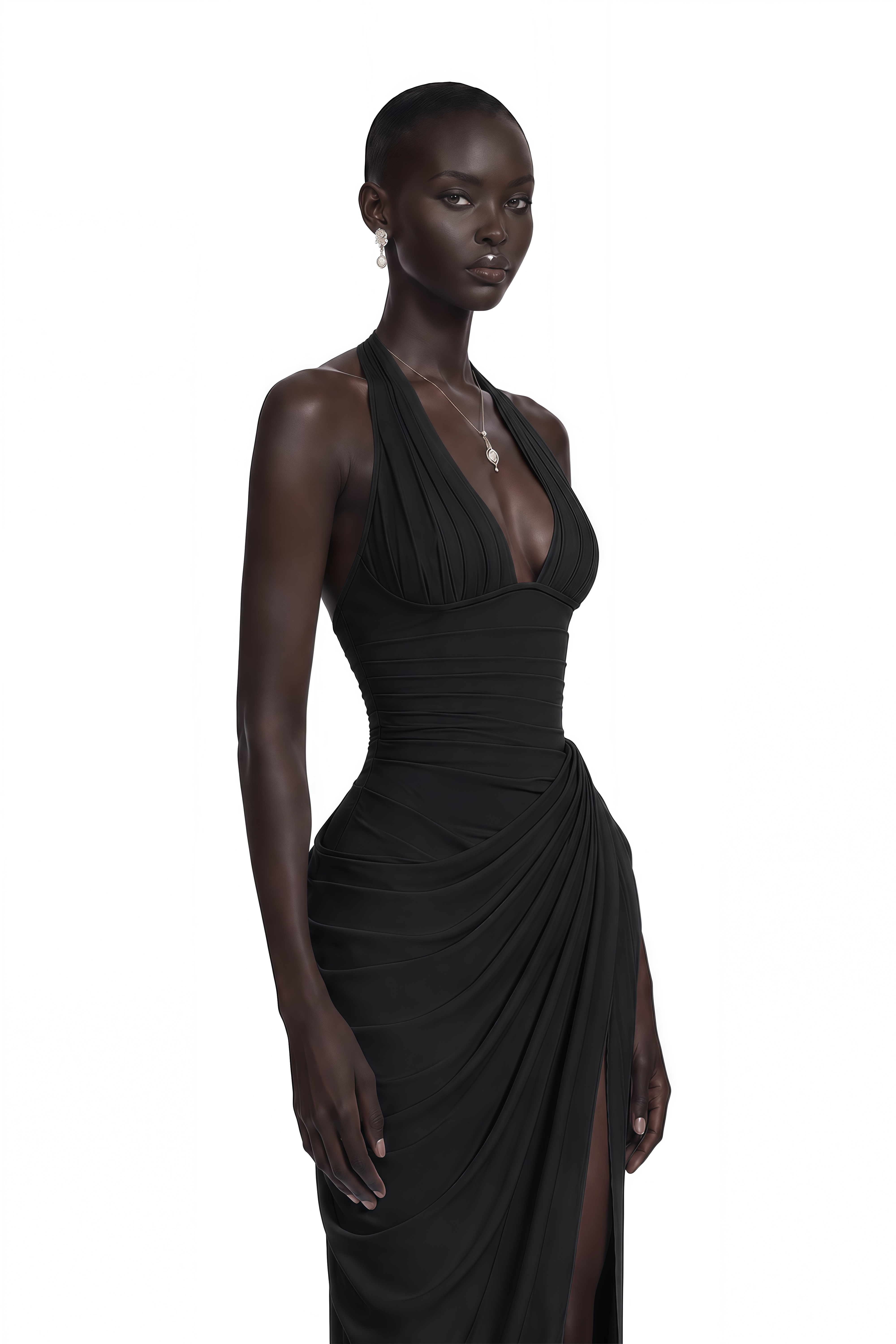 Ombeline Black Halterneck Ruched Maxi Dress with Slit