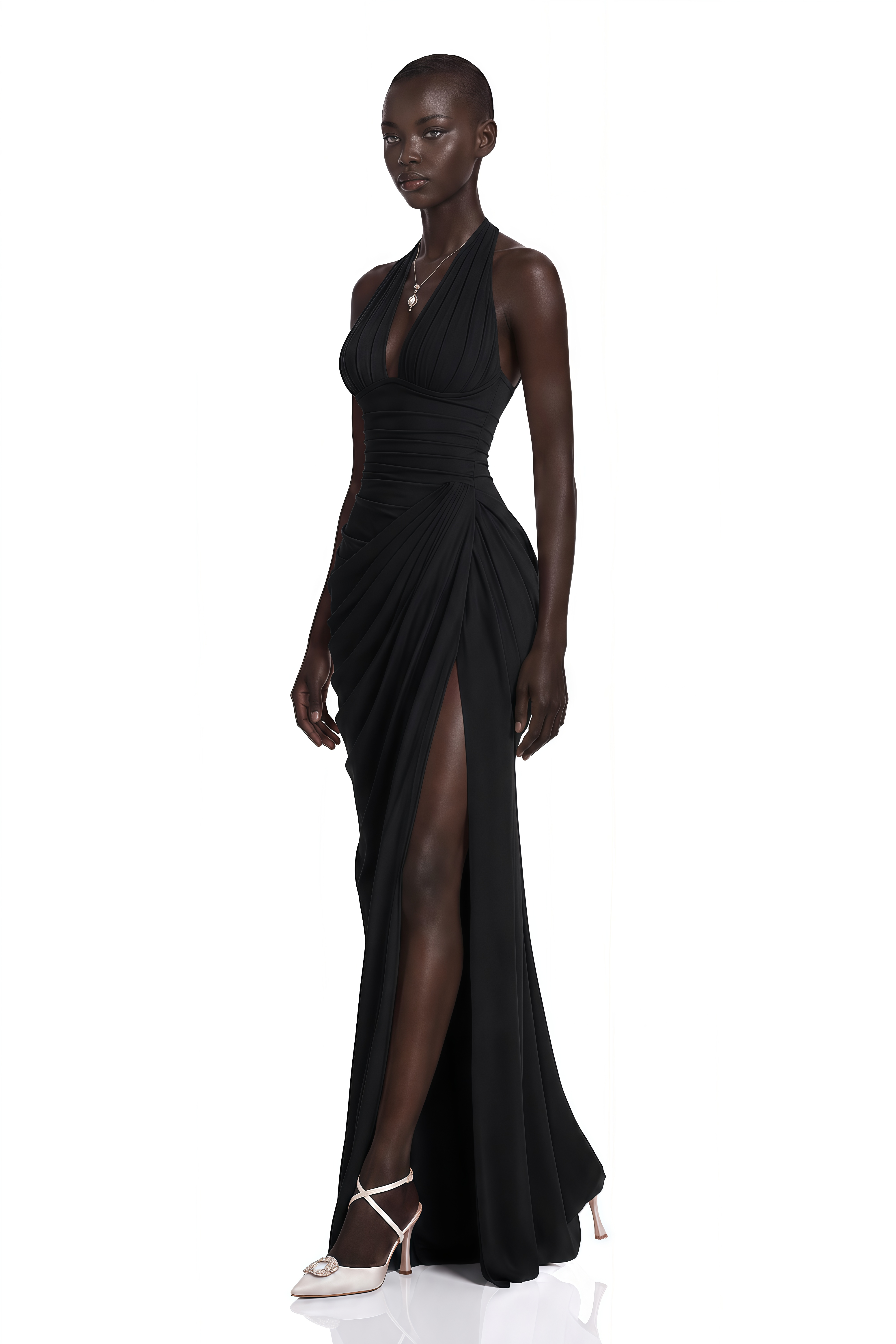 Ombeline Black Halterneck Ruched Maxi Dress with Slit