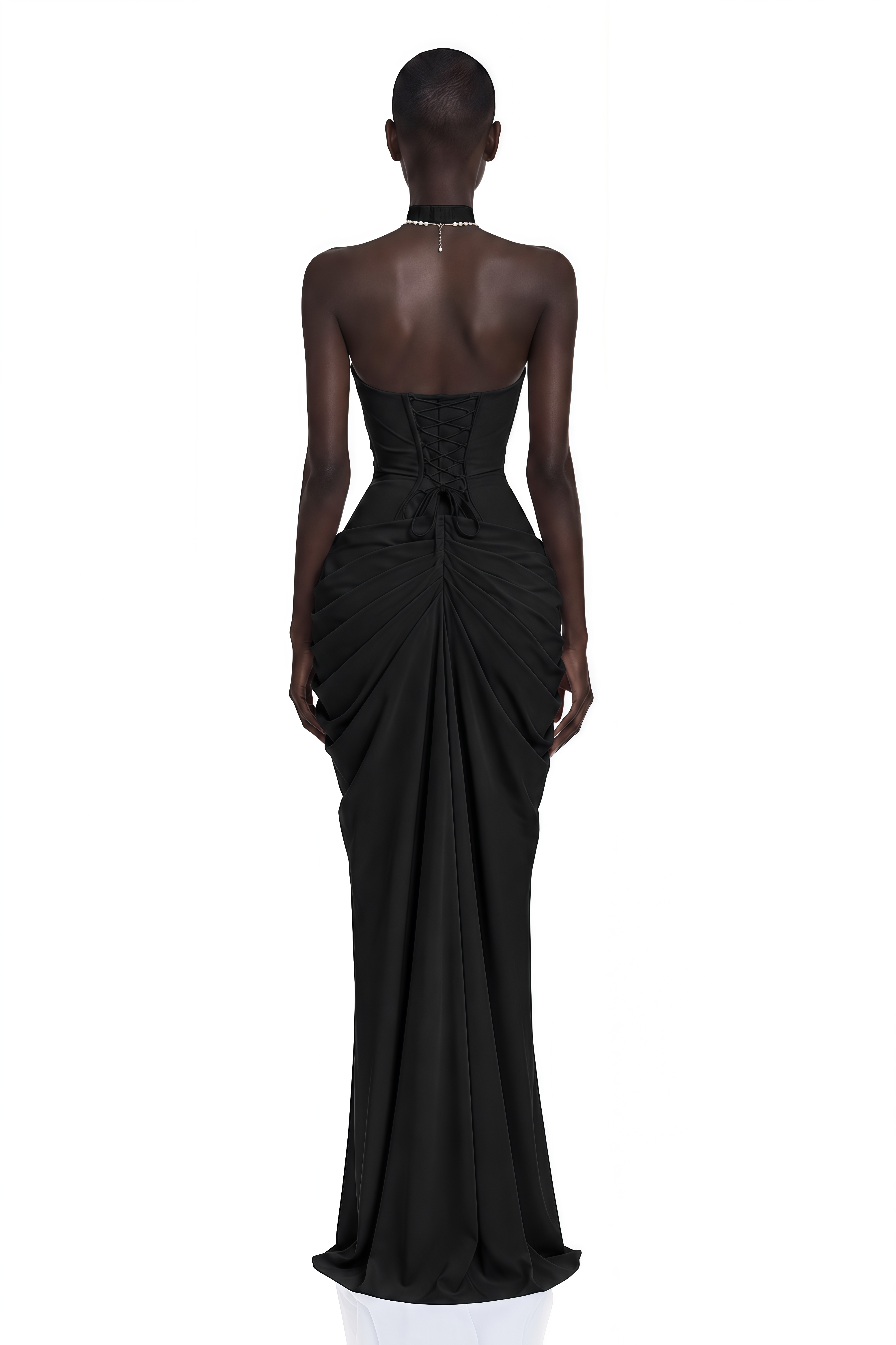 Ombeline Black Halterneck Ruched Maxi Dress with Slit